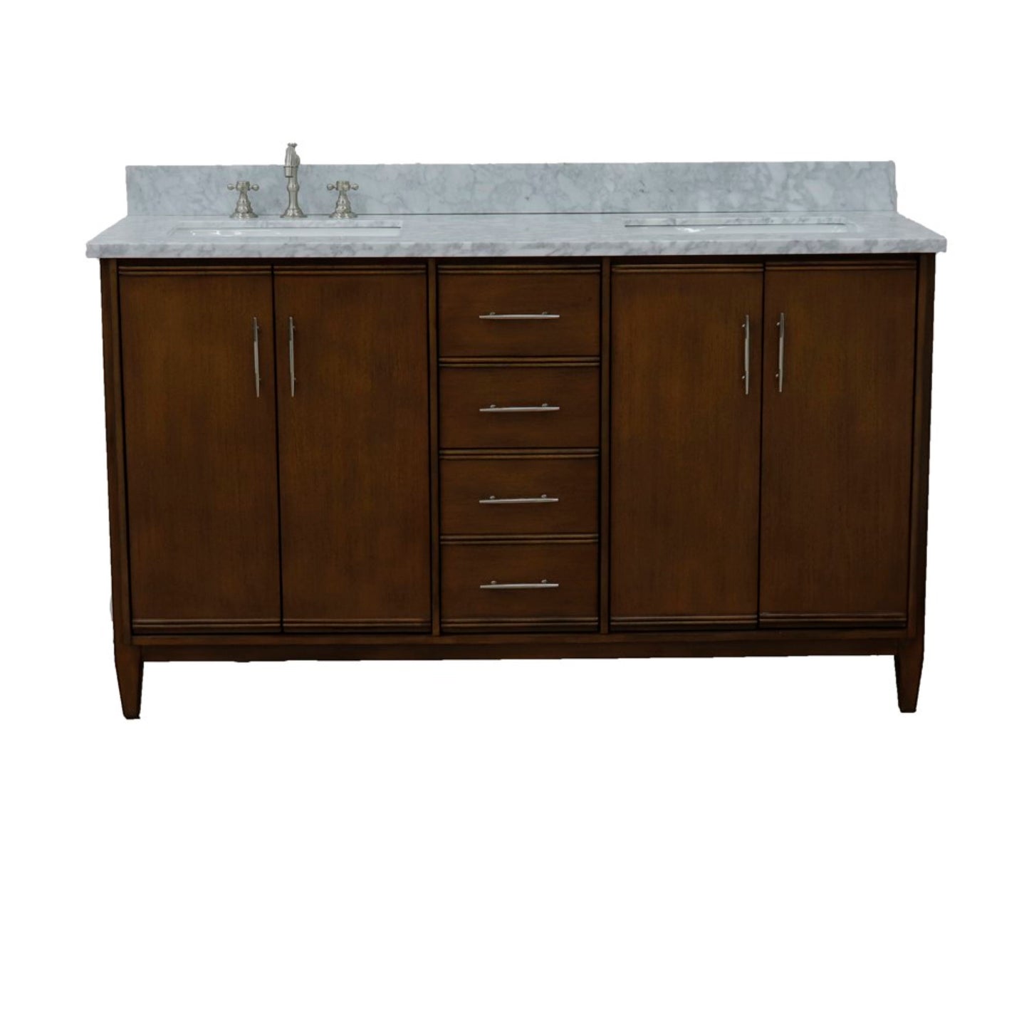 61" Double sink vanity in Walnut finish with White Carrara marble and rectangle sink