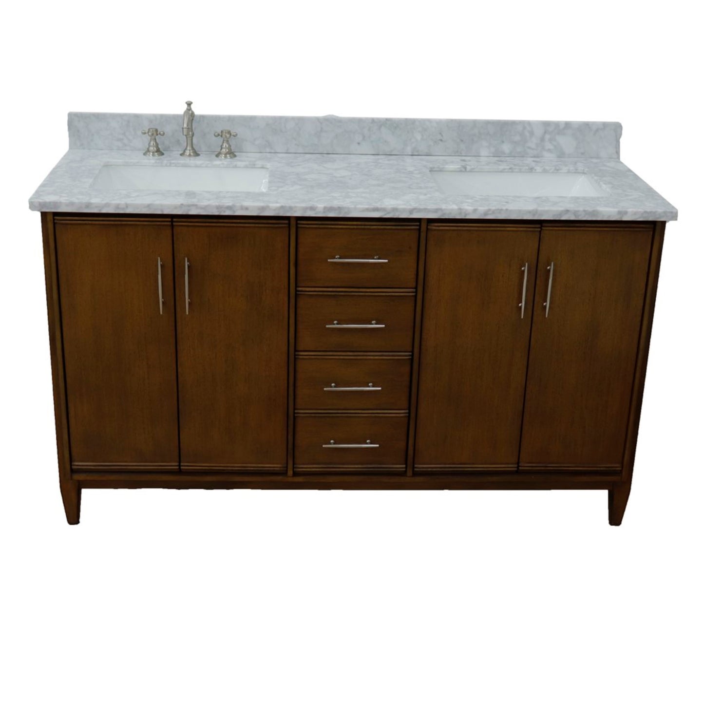 61" Double sink vanity in Walnut finish with White Carrara marble and rectangle sink