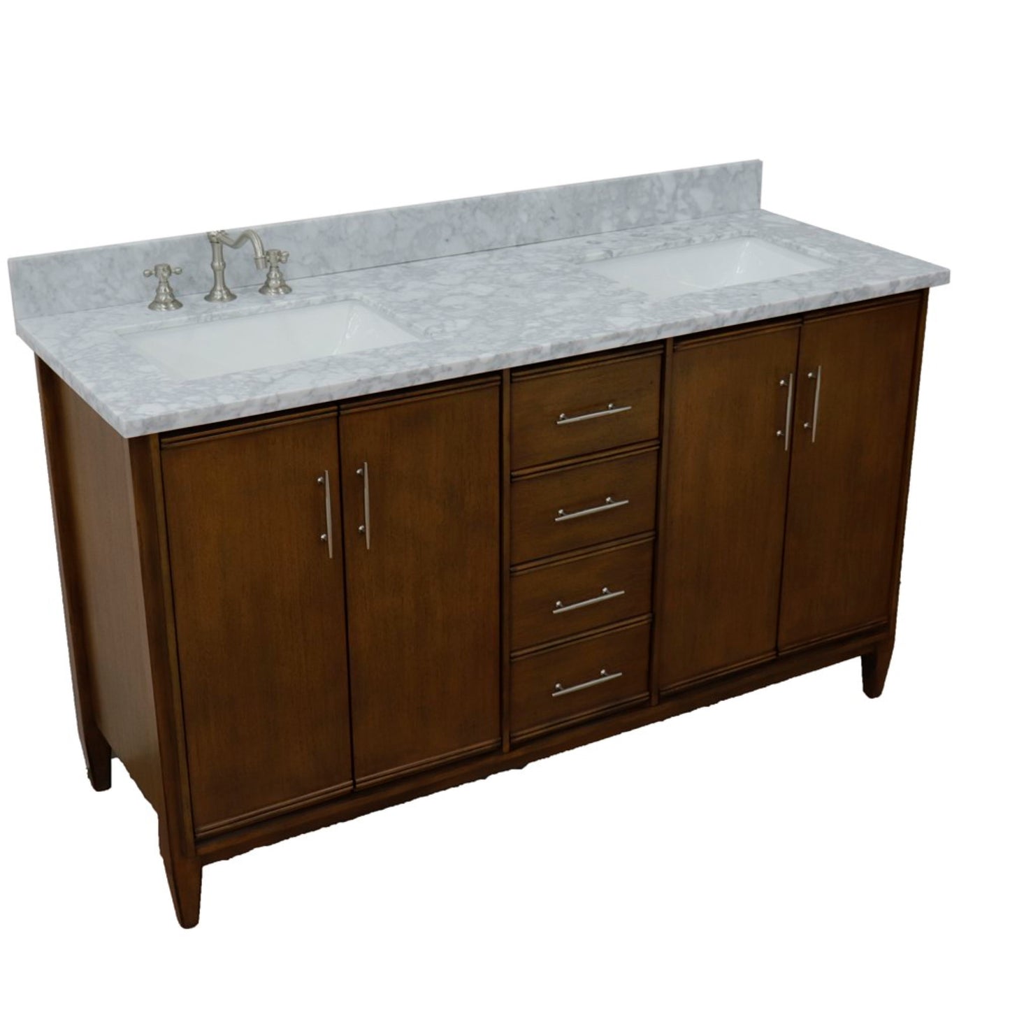 61" Double sink vanity in Walnut finish with White Carrara marble and rectangle sink