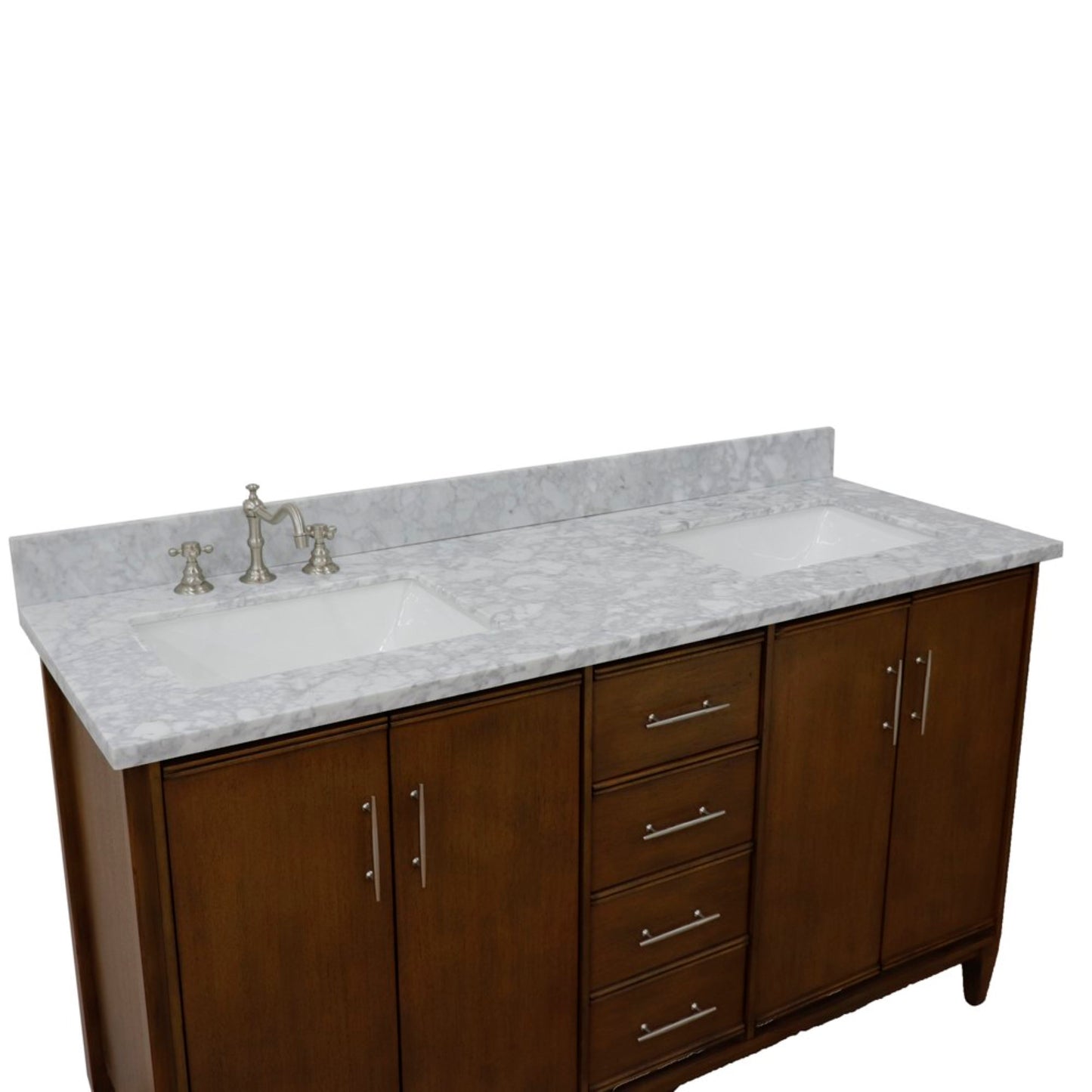 61" Double sink vanity in Walnut finish with White Carrara marble and rectangle sink