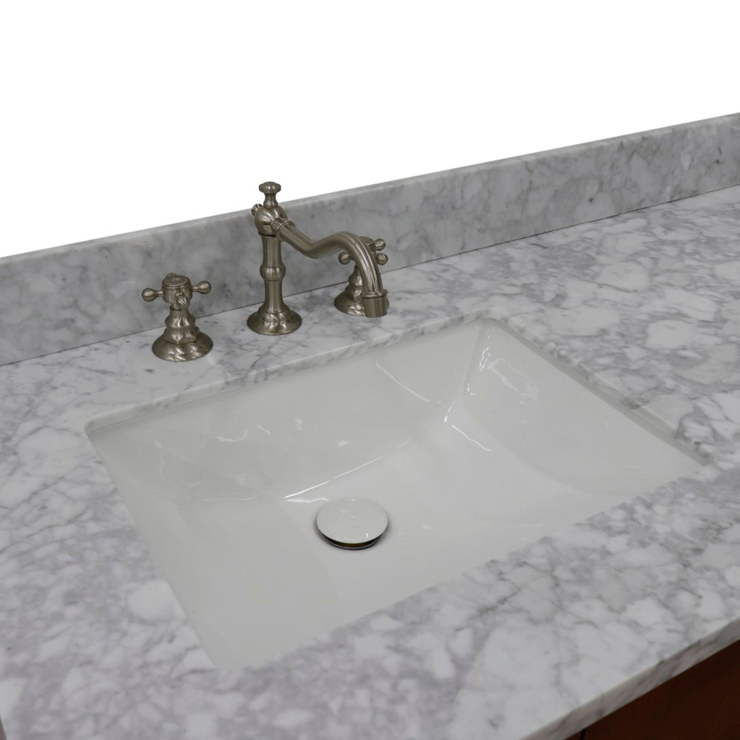 61" Double sink vanity in Walnut finish with White Carrara marble and rectangle sink