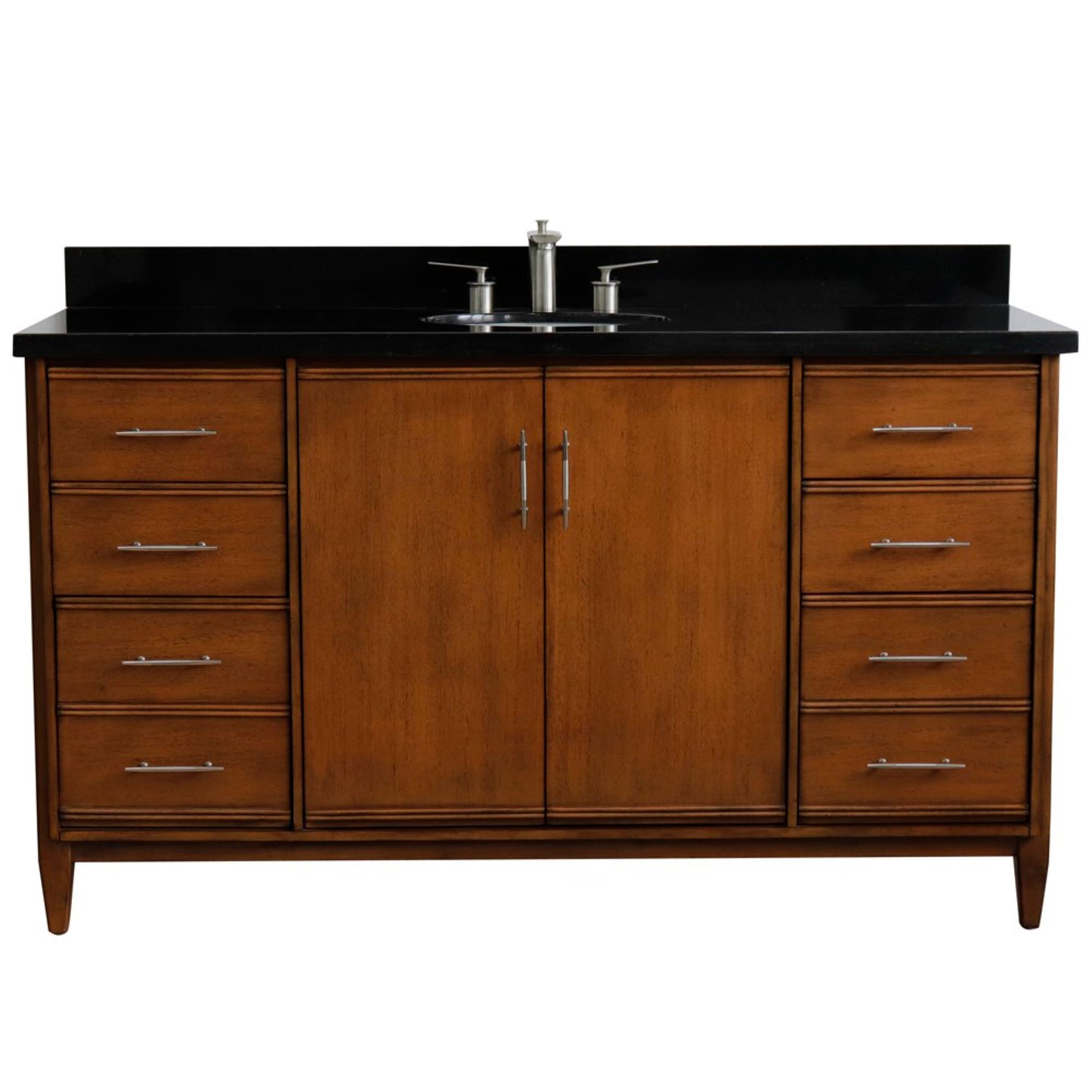 61" Single sink vanity in Walnut finish with Black galaxy granite and oval sink