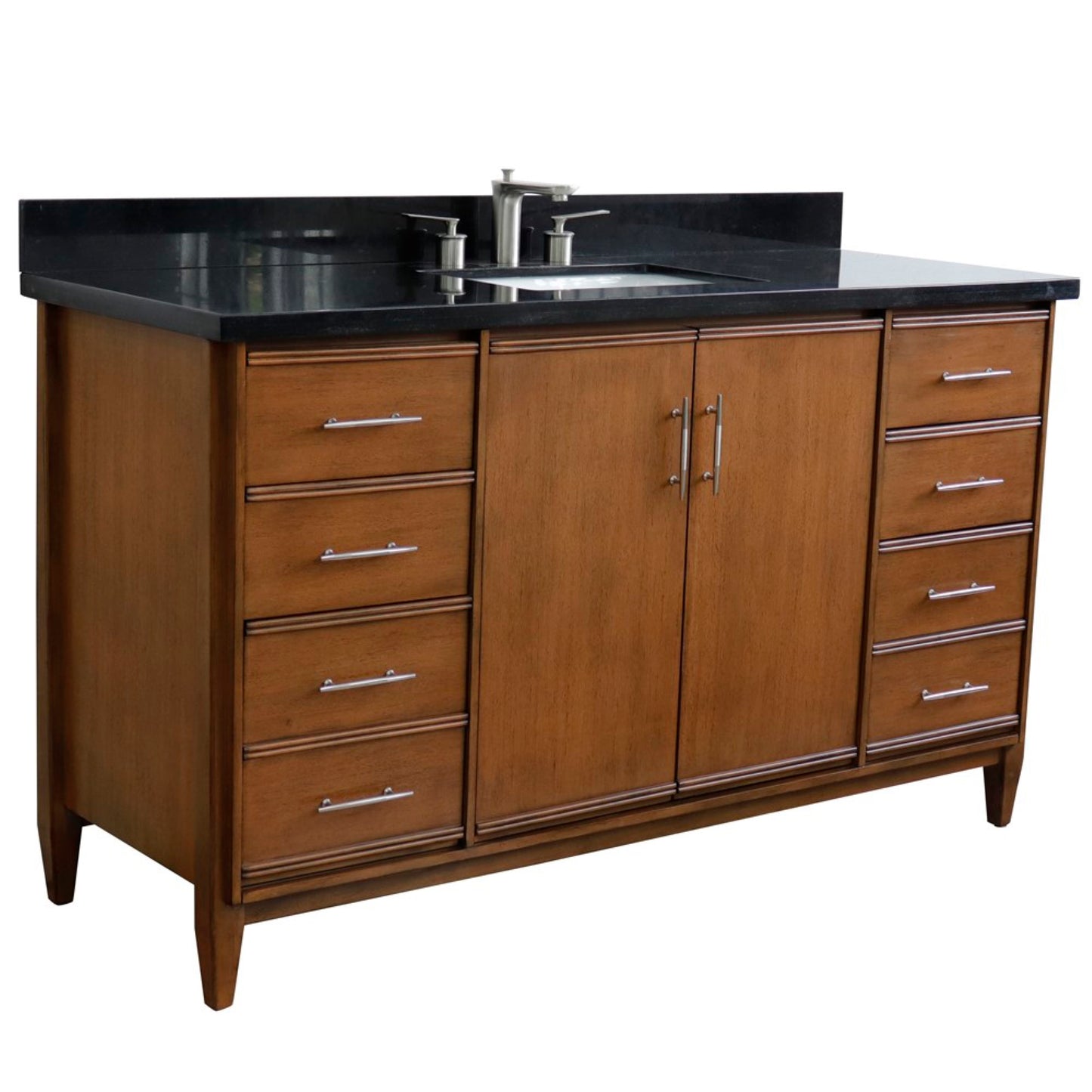 61" Single sink vanity in Walnut finish with Black galaxy granite and rectangle sink