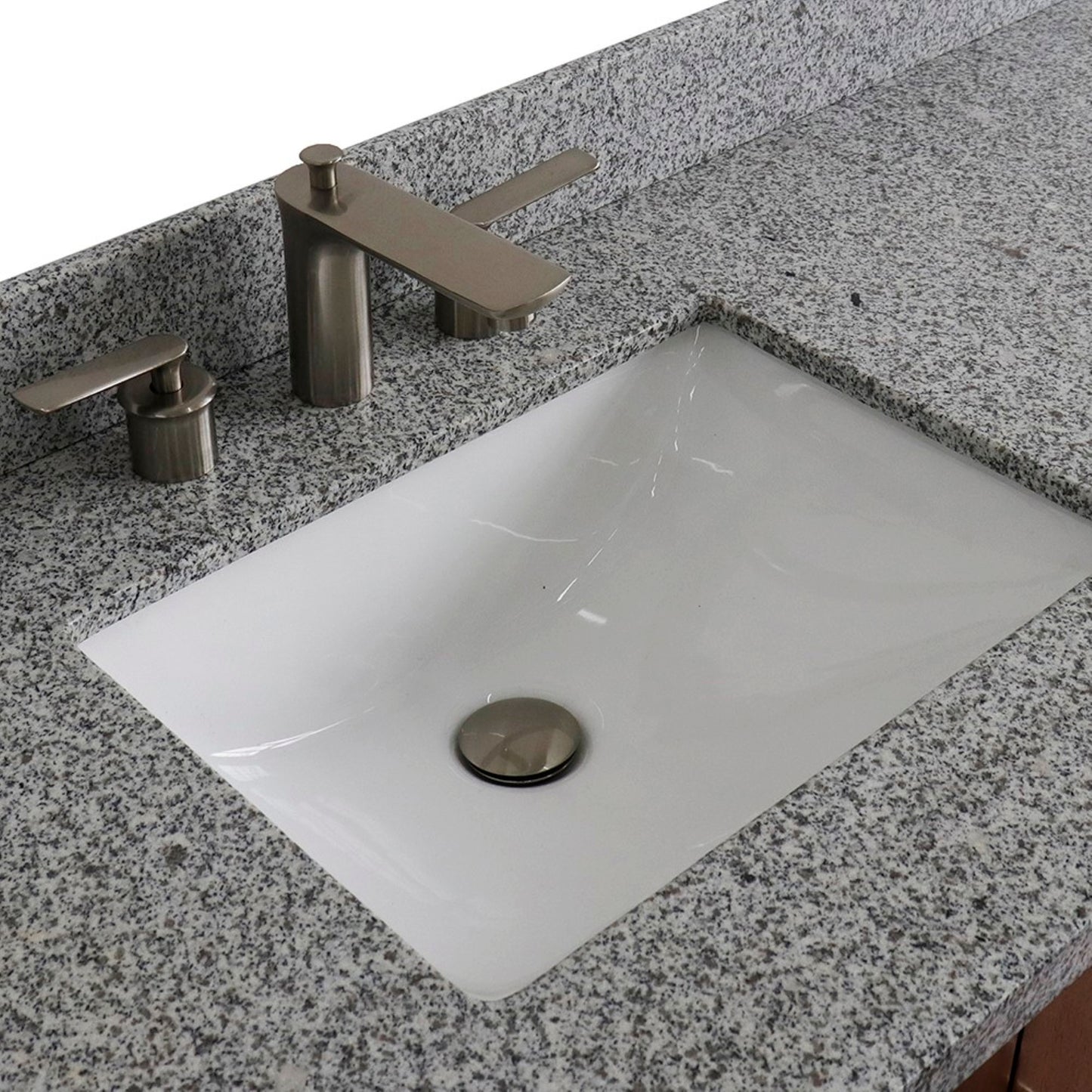 61" Single sink vanity in Walnut finish with Gray granite and rectangle sink