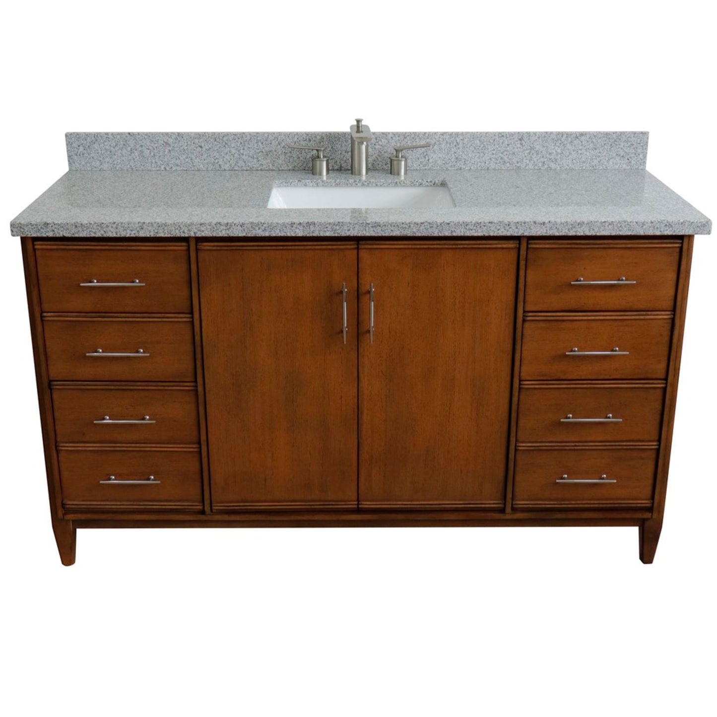 61" Single sink vanity in Walnut finish with Gray granite and rectangle sink