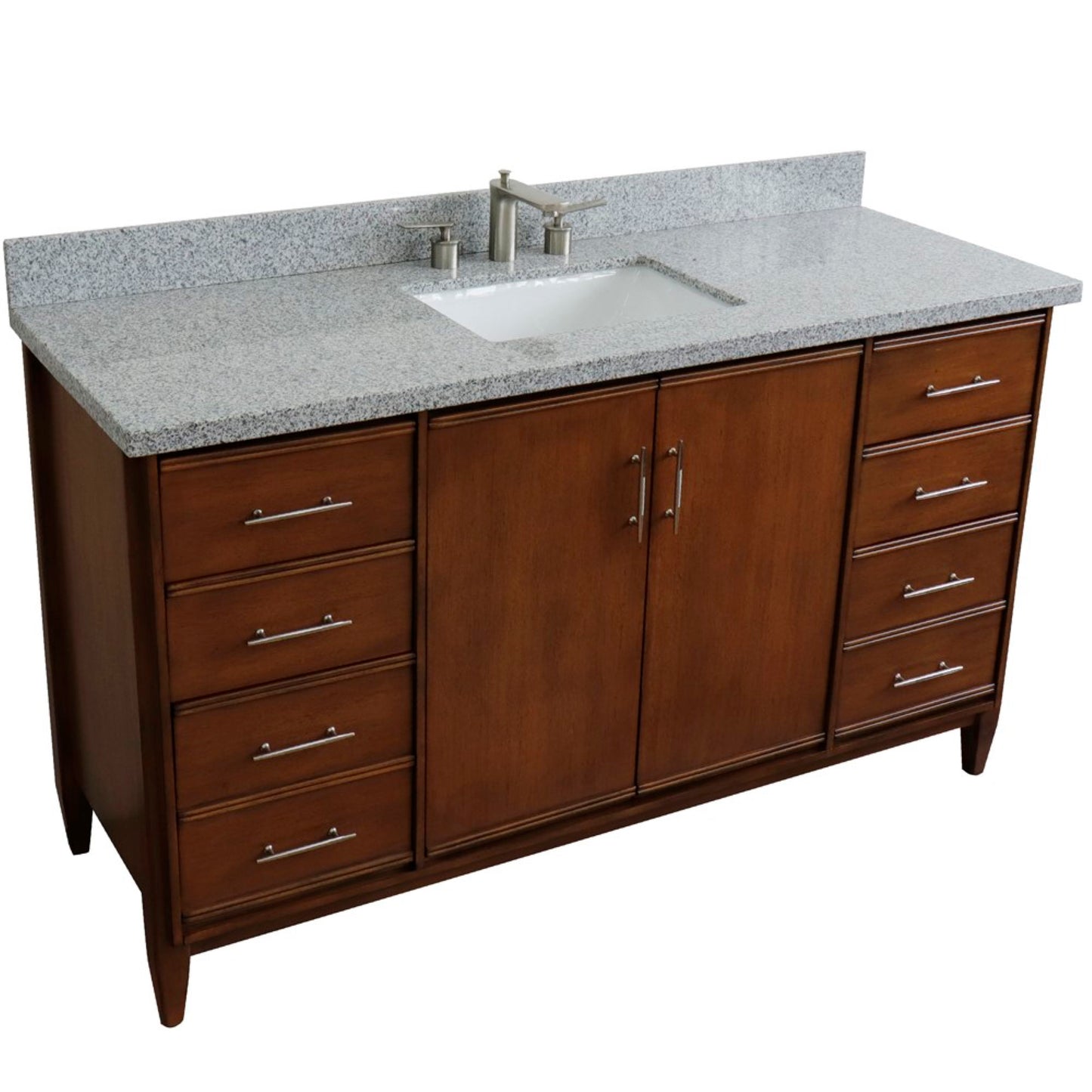 61" Single sink vanity in Walnut finish with Gray granite and rectangle sink