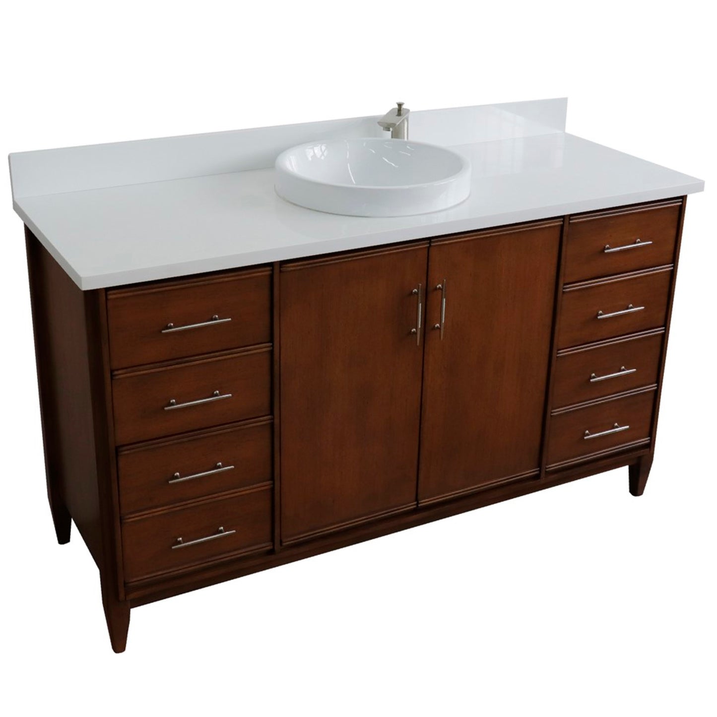 61" Single sink vanity in Walnut finish with White engineered stone and round sink