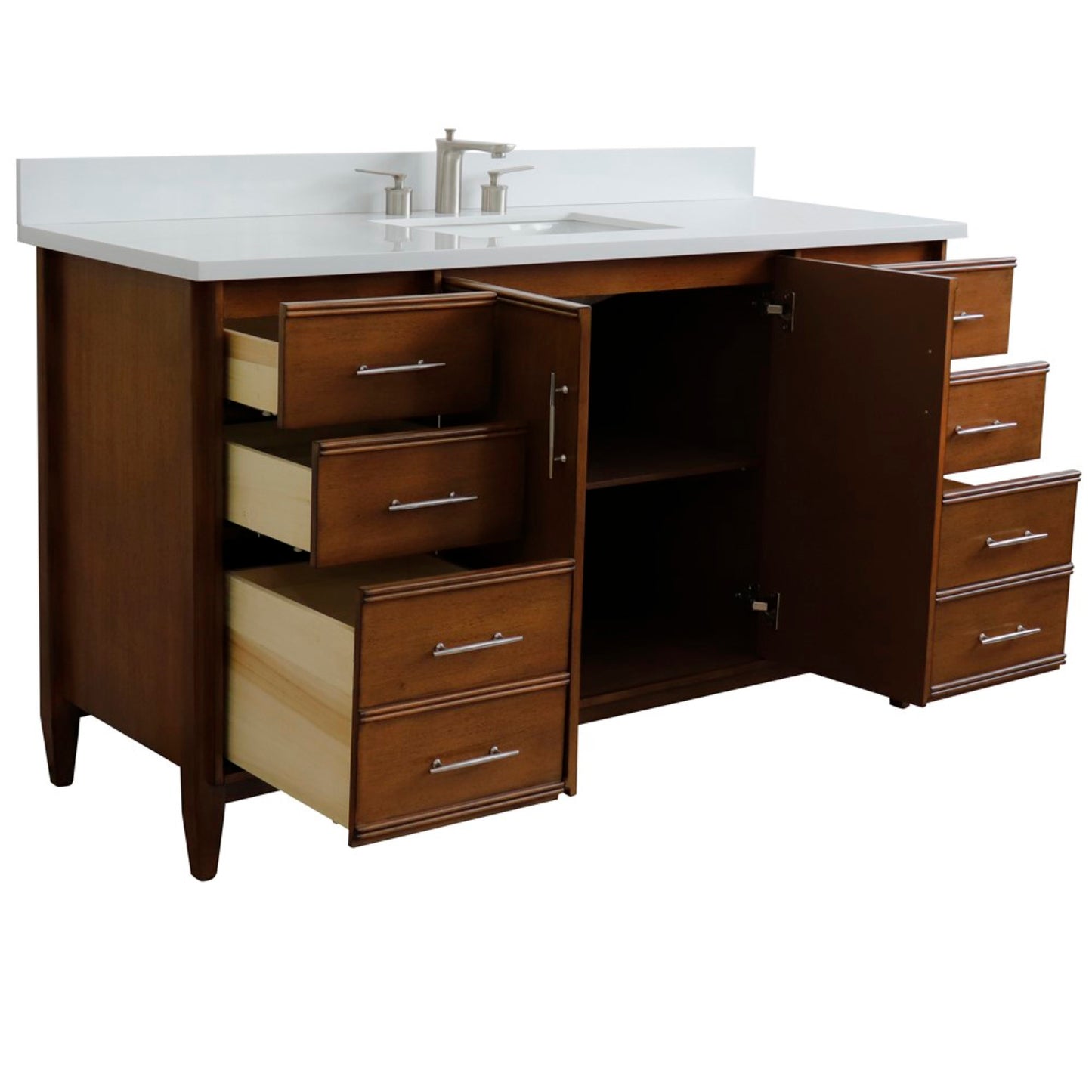 61" Single sink vanity in Walnut finish with White engineered stone and rectangle sink