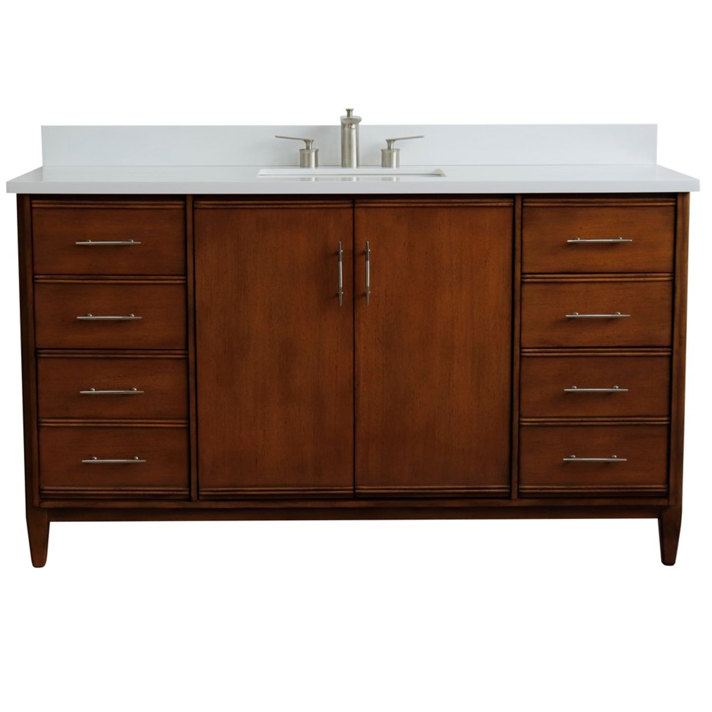 61" Single sink vanity in Walnut finish with White engineered stone and rectangle sink