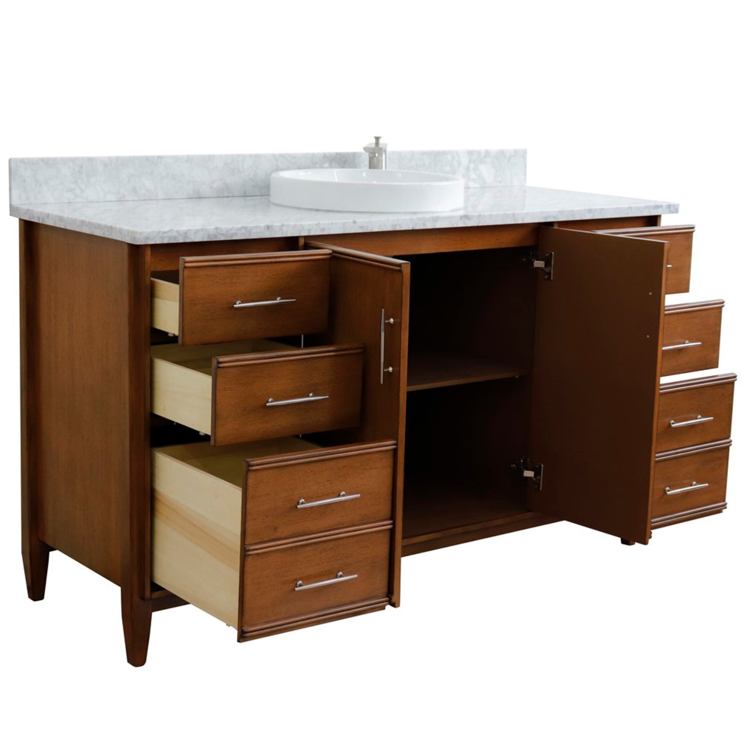 61" Single sink vanity in Walnut finish with White Carrara marble and round sink
