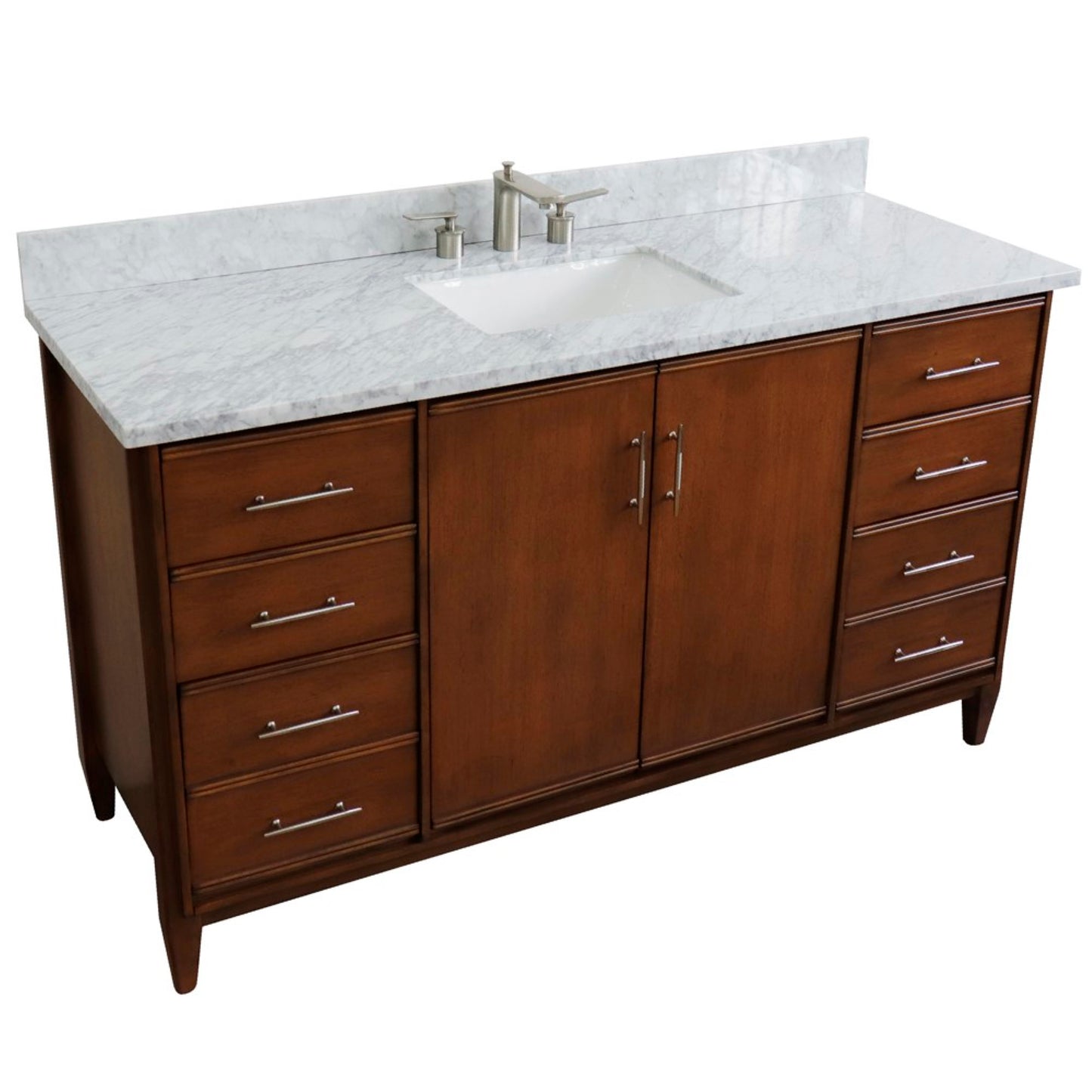 61" Single sink vanity in Walnut finish with White Carrara marble and rectangle sink