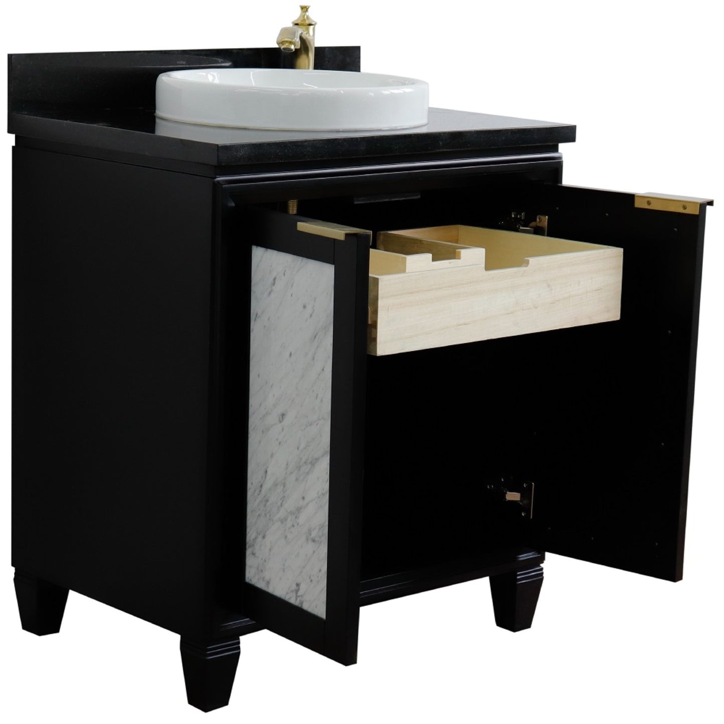 31" Single sink vanity in Black finish with Black galaxy granite with round sink