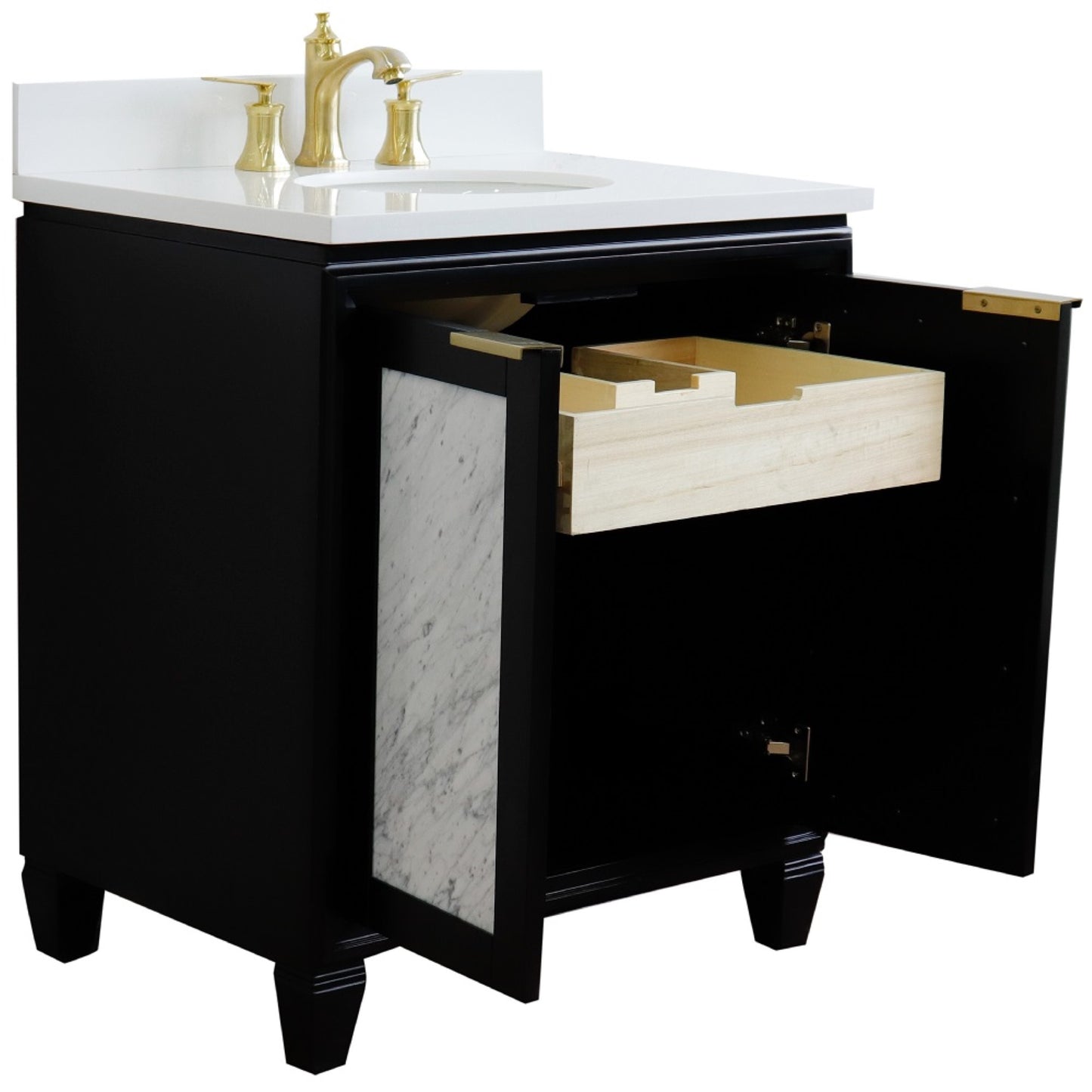 31" Single sink vanity in Black finish with White engineered stone with oval sink