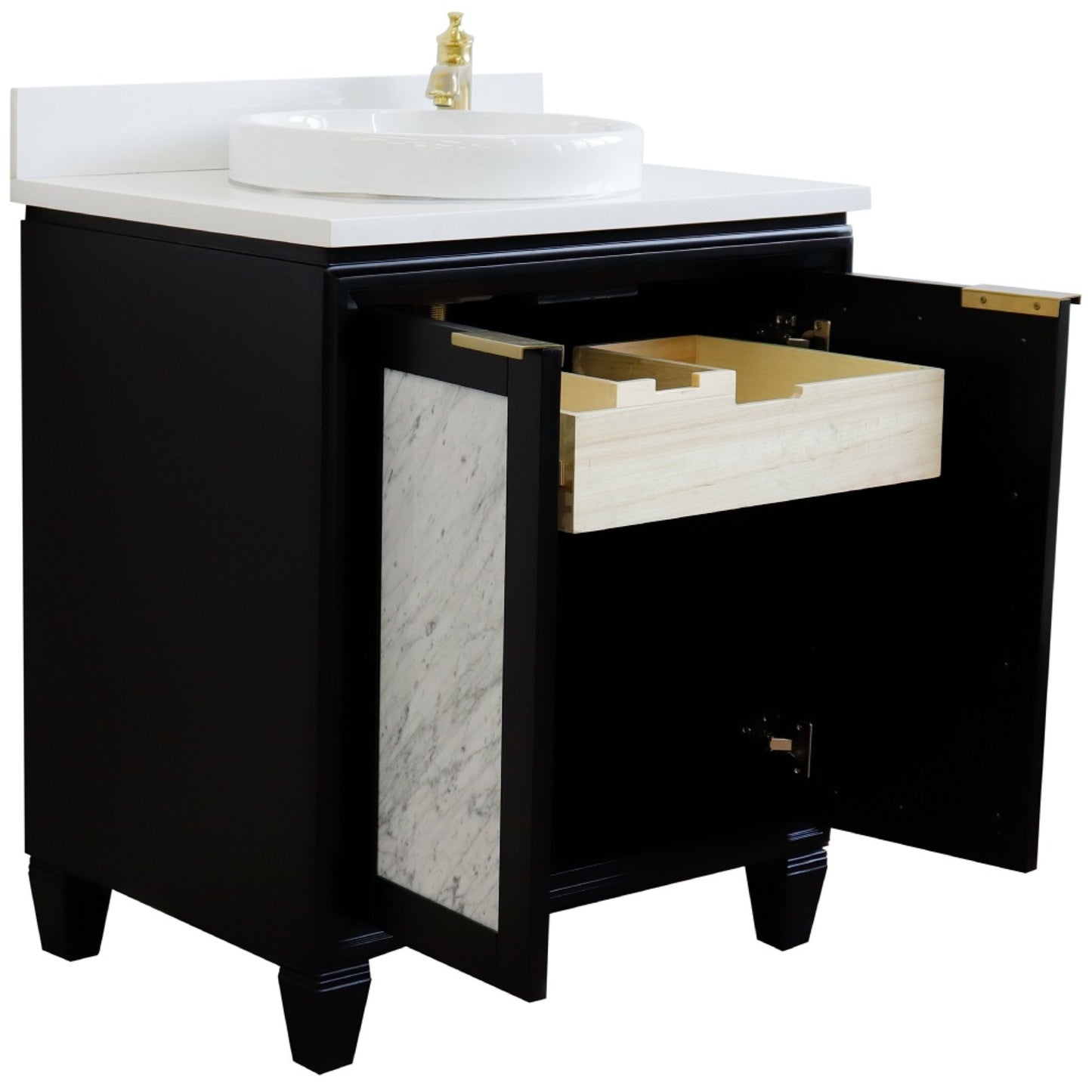 31" Single sink vanity in Black finish with White engineered stone with round sink