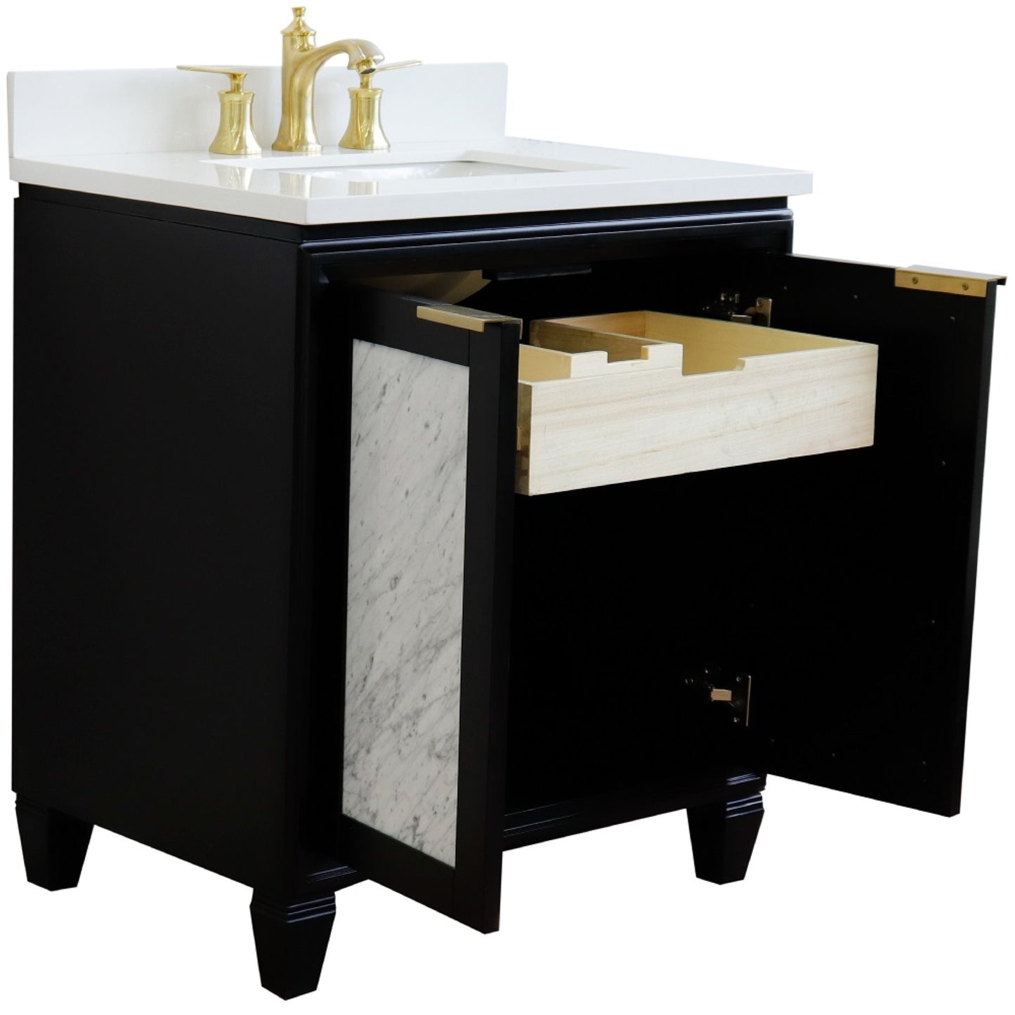 31" Single sink vanity in Black finish with White engineered stone with rectangle sink
