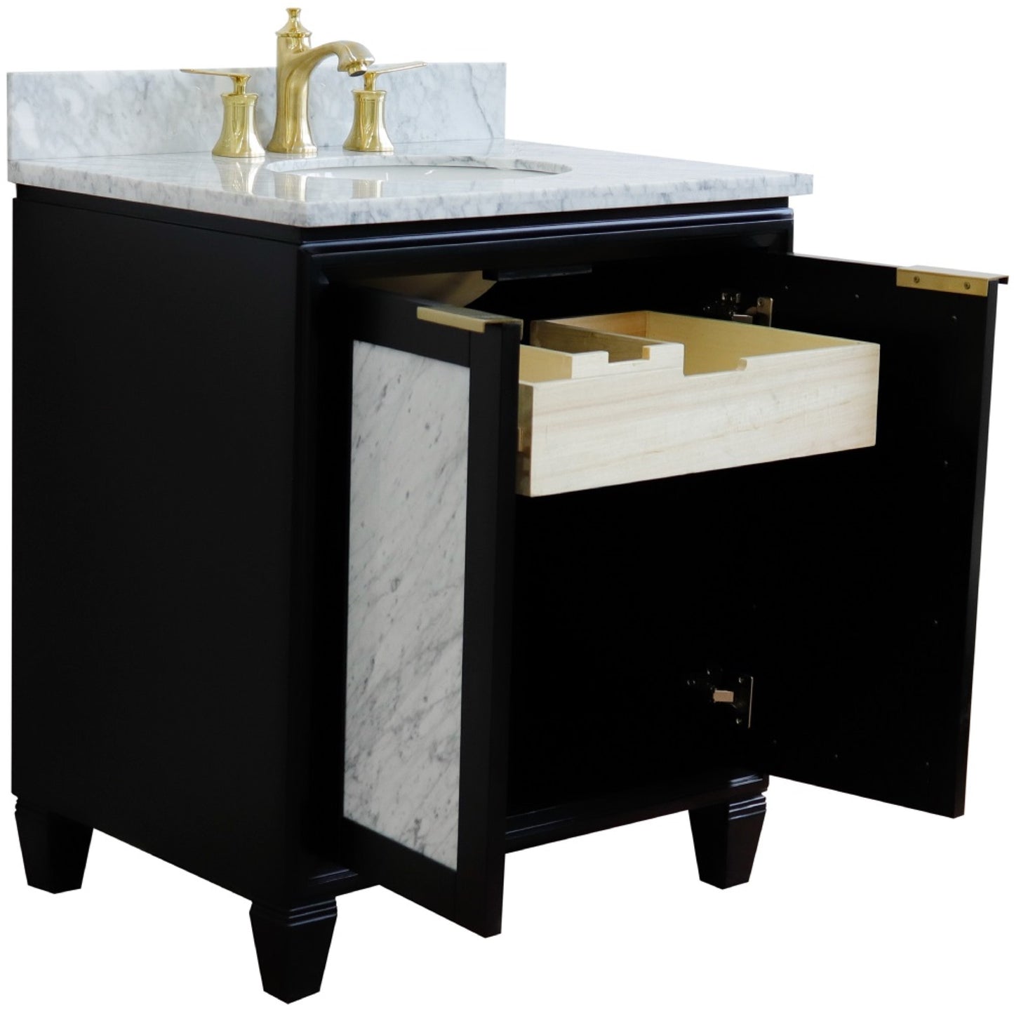 31" Single sink vanity in Black finish with White Carrara marble with oval sink