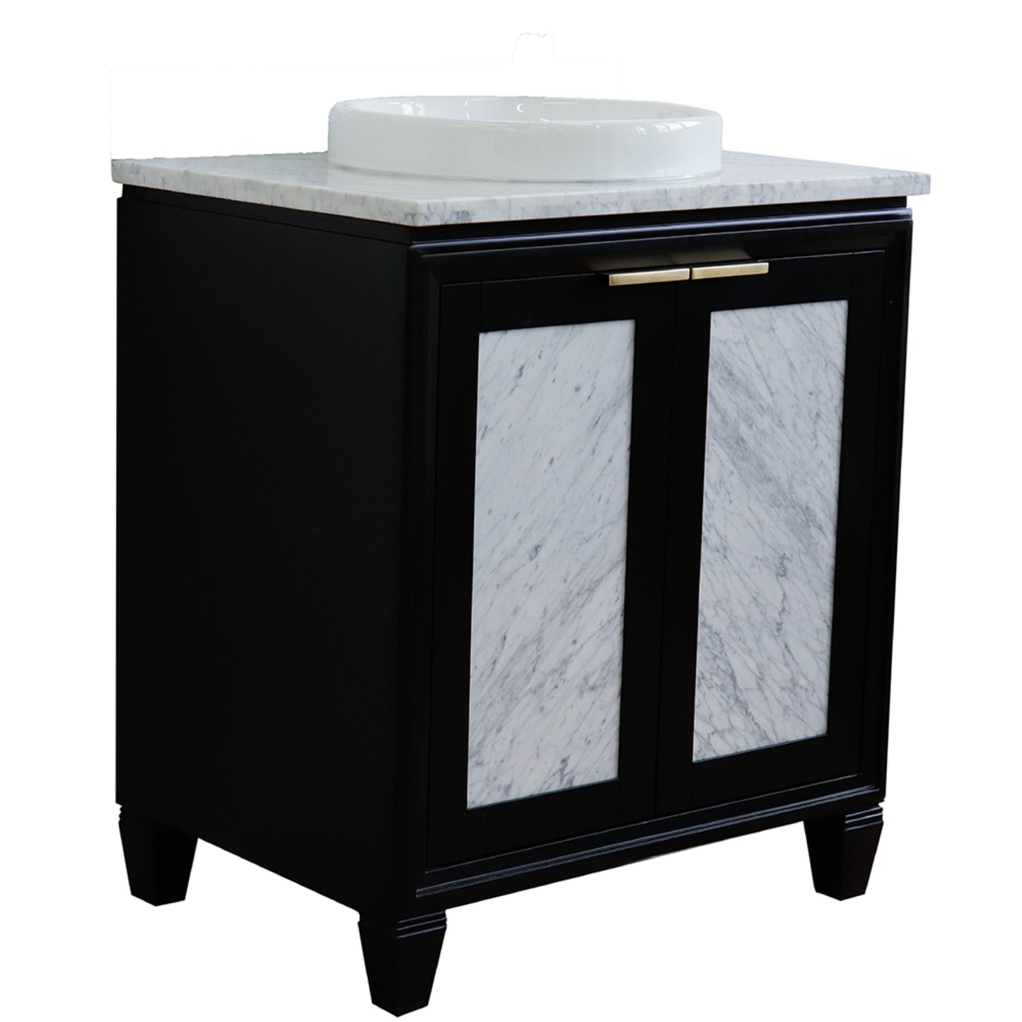 31" Single sink vanity in Black finish with White Carrara marble with round sink