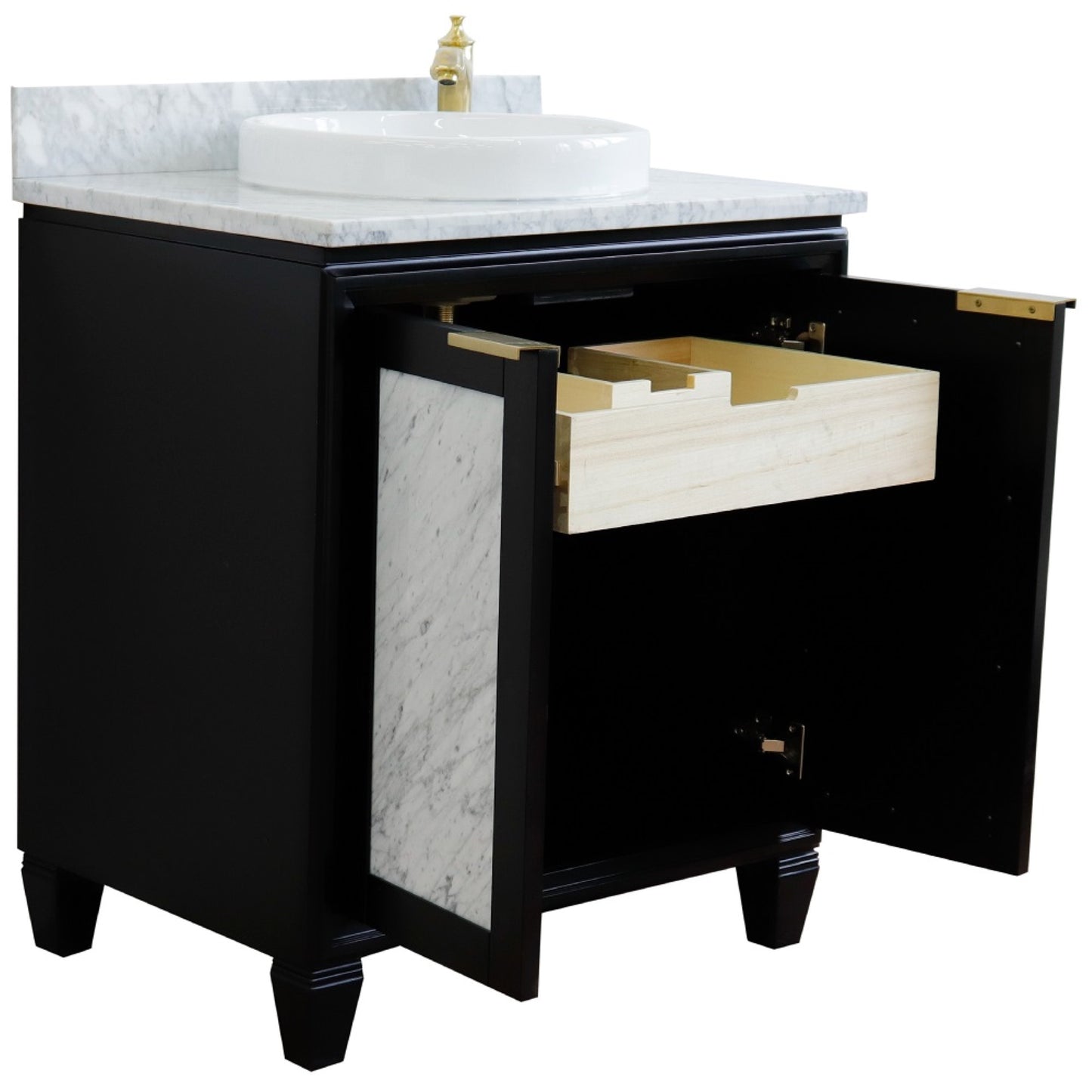 31" Single sink vanity in Black finish with White Carrara marble with round sink