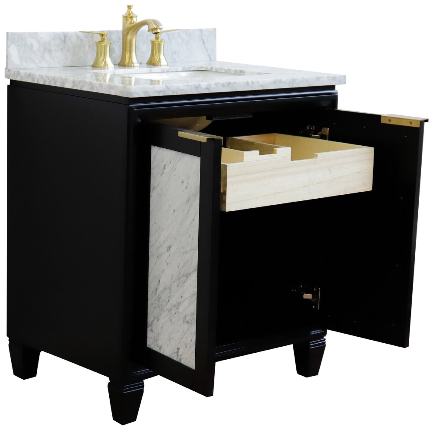 31" Single sink vanity in Black finish with White Carrara marble with rectangle sink