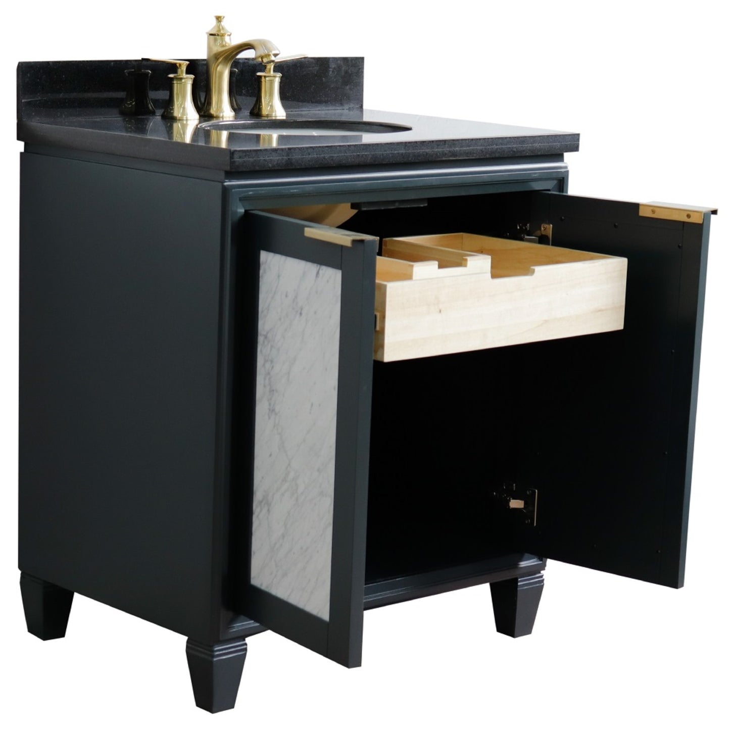 31" Single sink vanity in Dark Gray finish with Black galaxy granite with oval sink