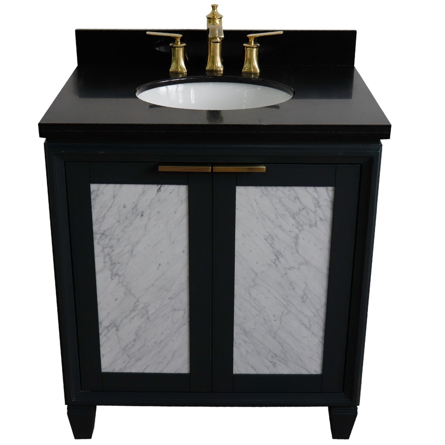 31" Single sink vanity in Dark Gray finish with Black galaxy granite with oval sink