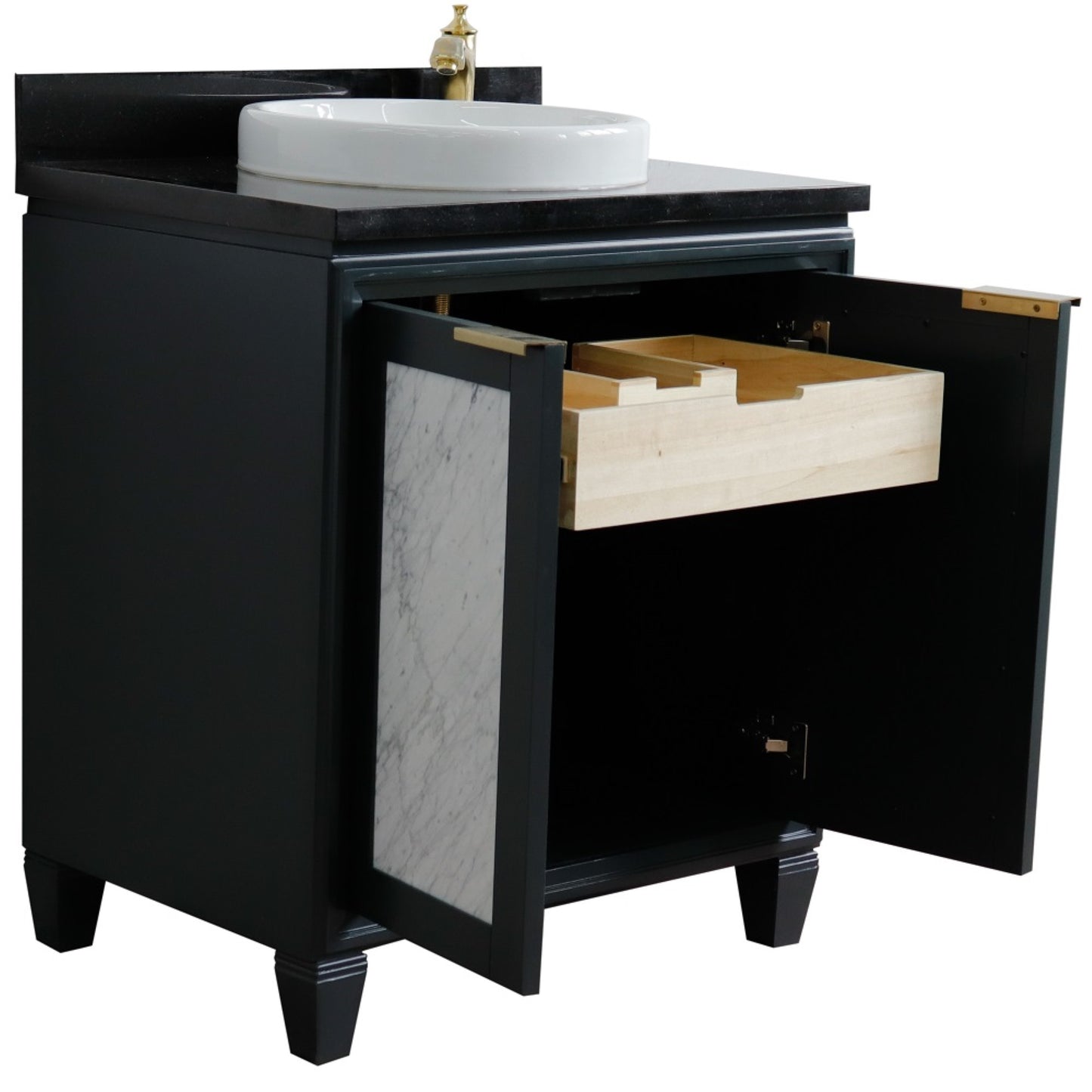 31" Single sink vanity in Dark Gray finish with Black galaxy granite with round sink