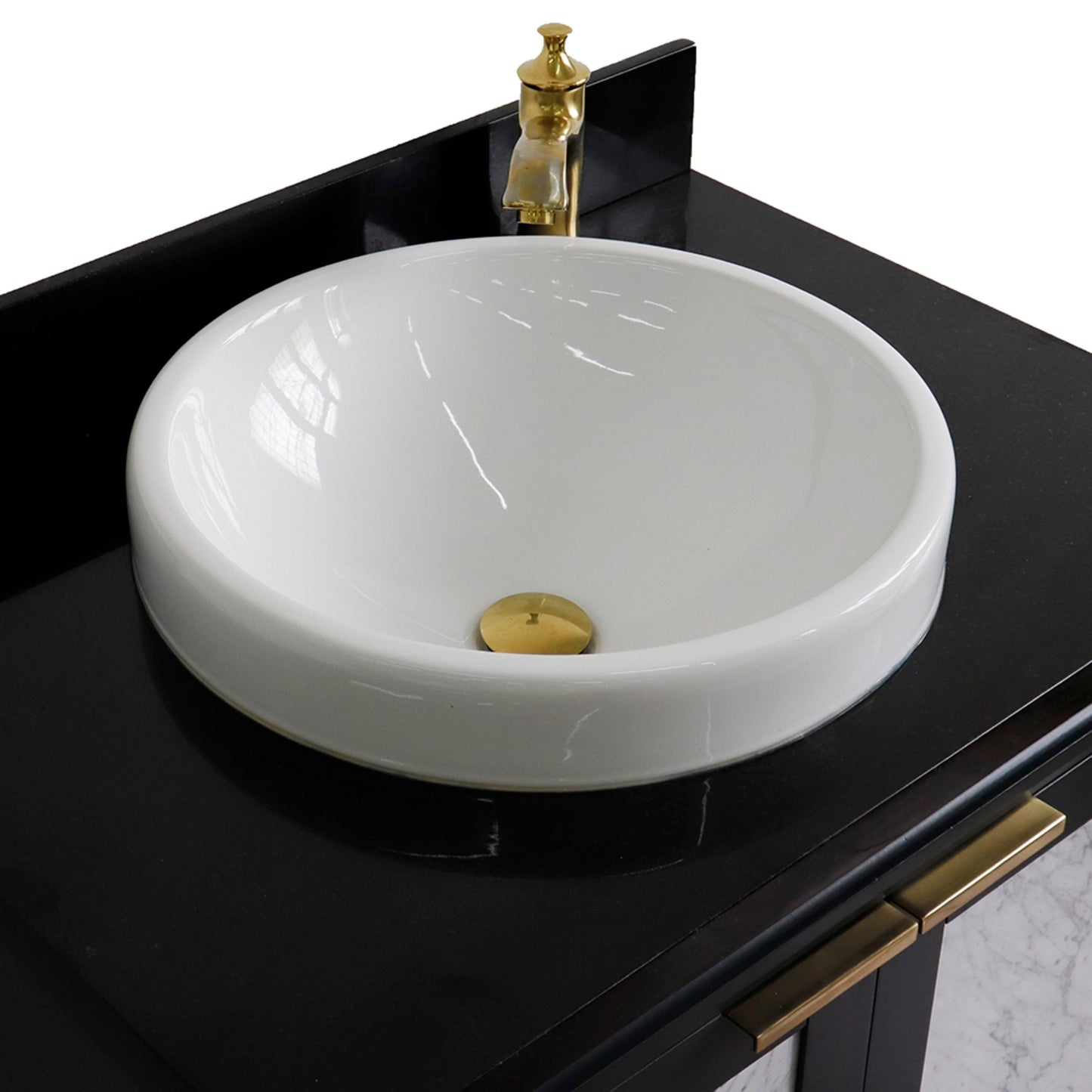 31" Single sink vanity in Dark Gray finish with Black galaxy granite with round sink