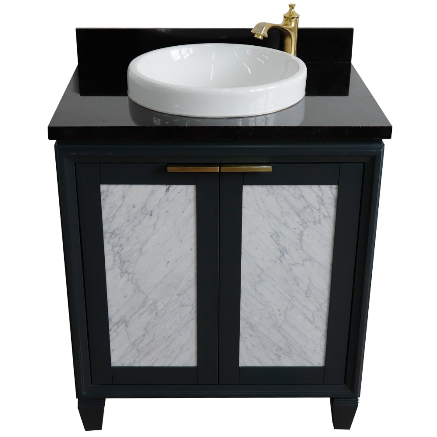 31" Single sink vanity in Dark Gray finish with Black galaxy granite with round sink