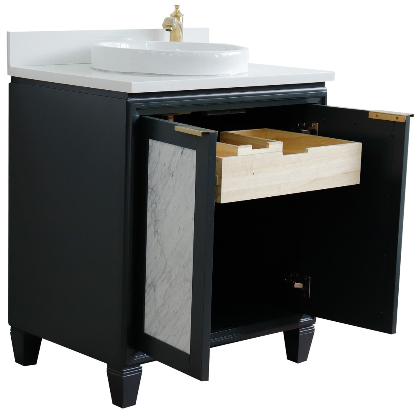 31" Single sink vanity in Dark Gray finish with White engineered stone with round sink