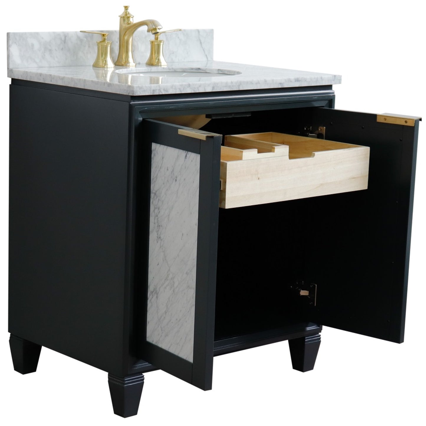 31" Single sink vanity in Dark Gray finish with White Carrara marble with oval sink