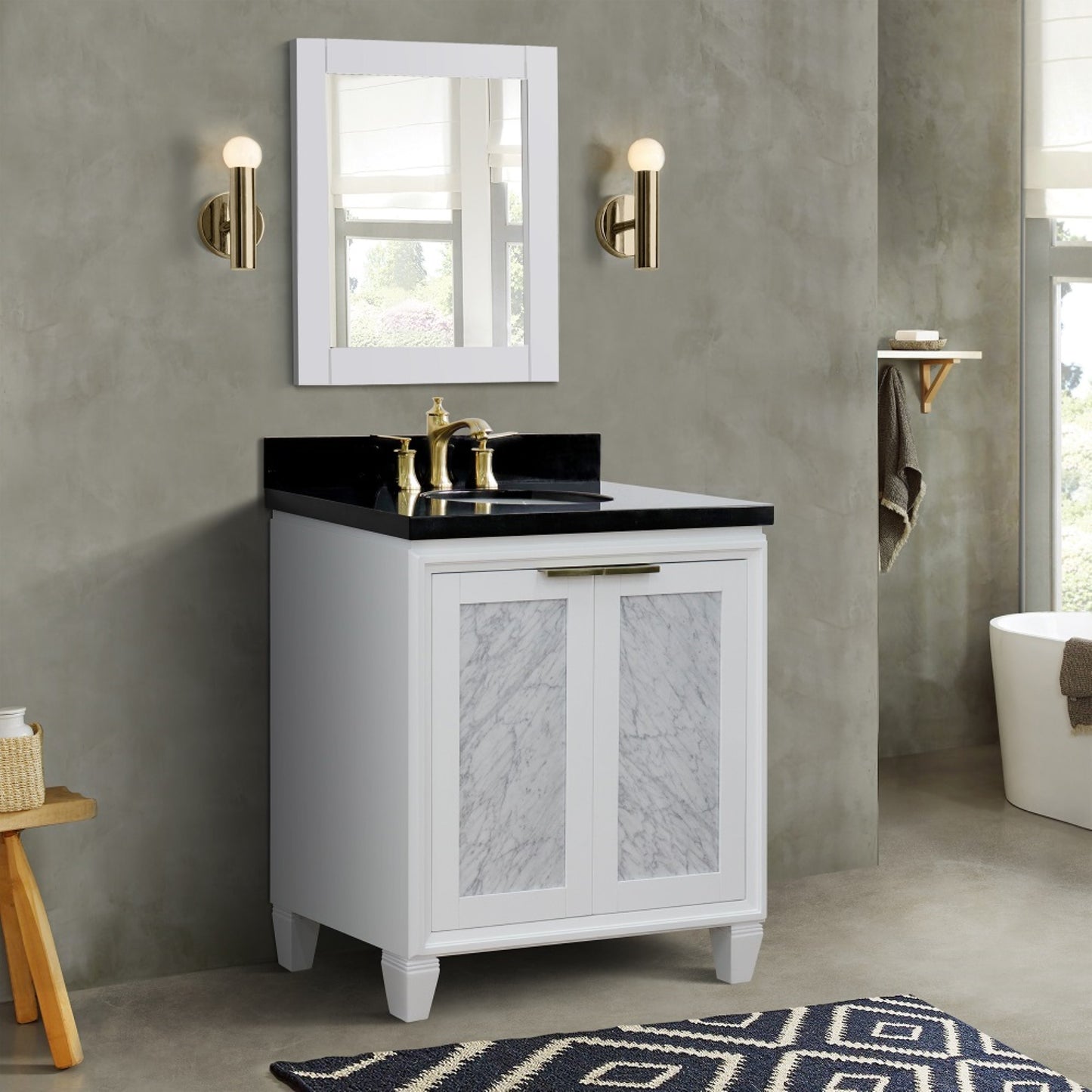 31" Single sink vanity in White finish with Black galaxy granite with oval sink
