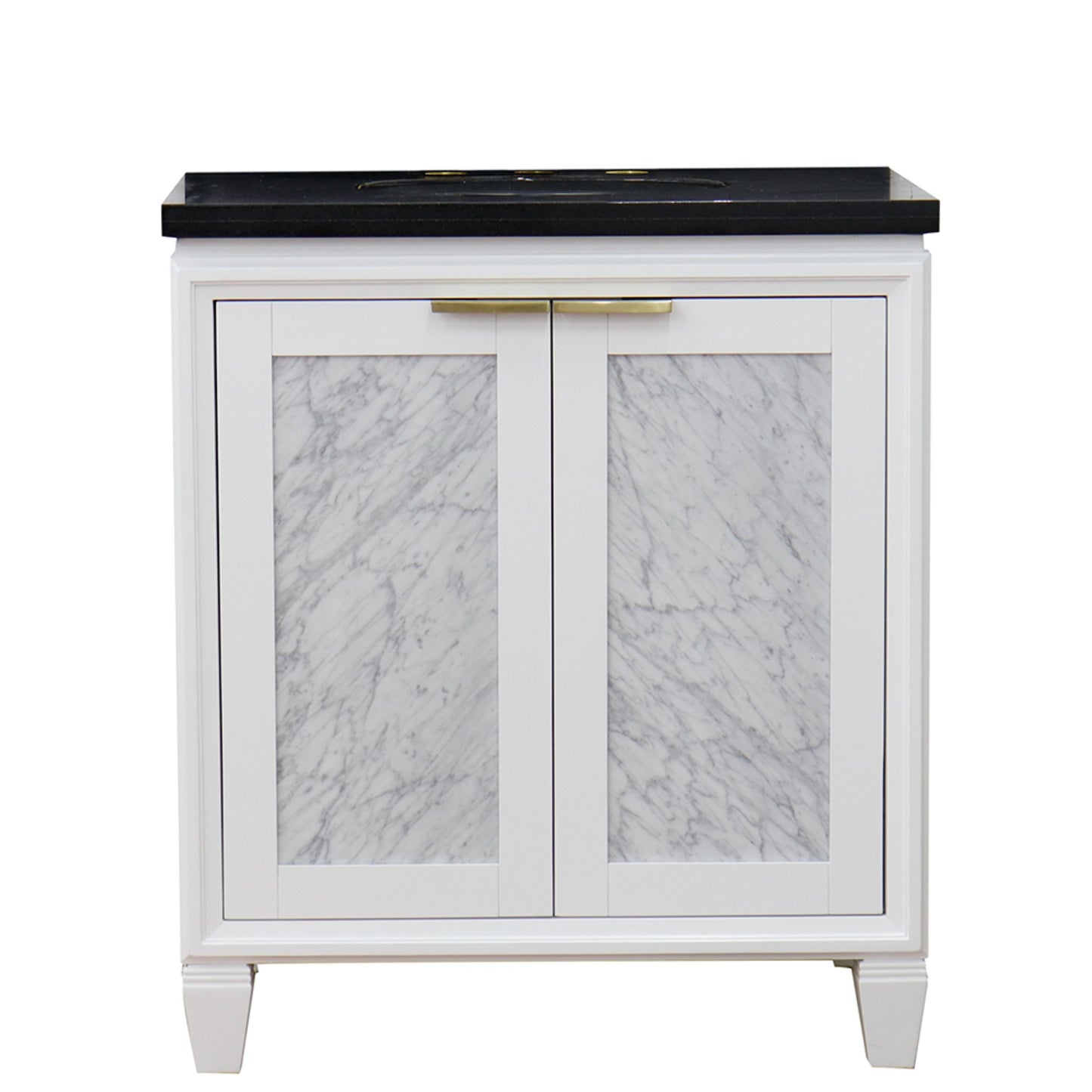 31" Single sink vanity in White finish with Black galaxy granite with oval sink