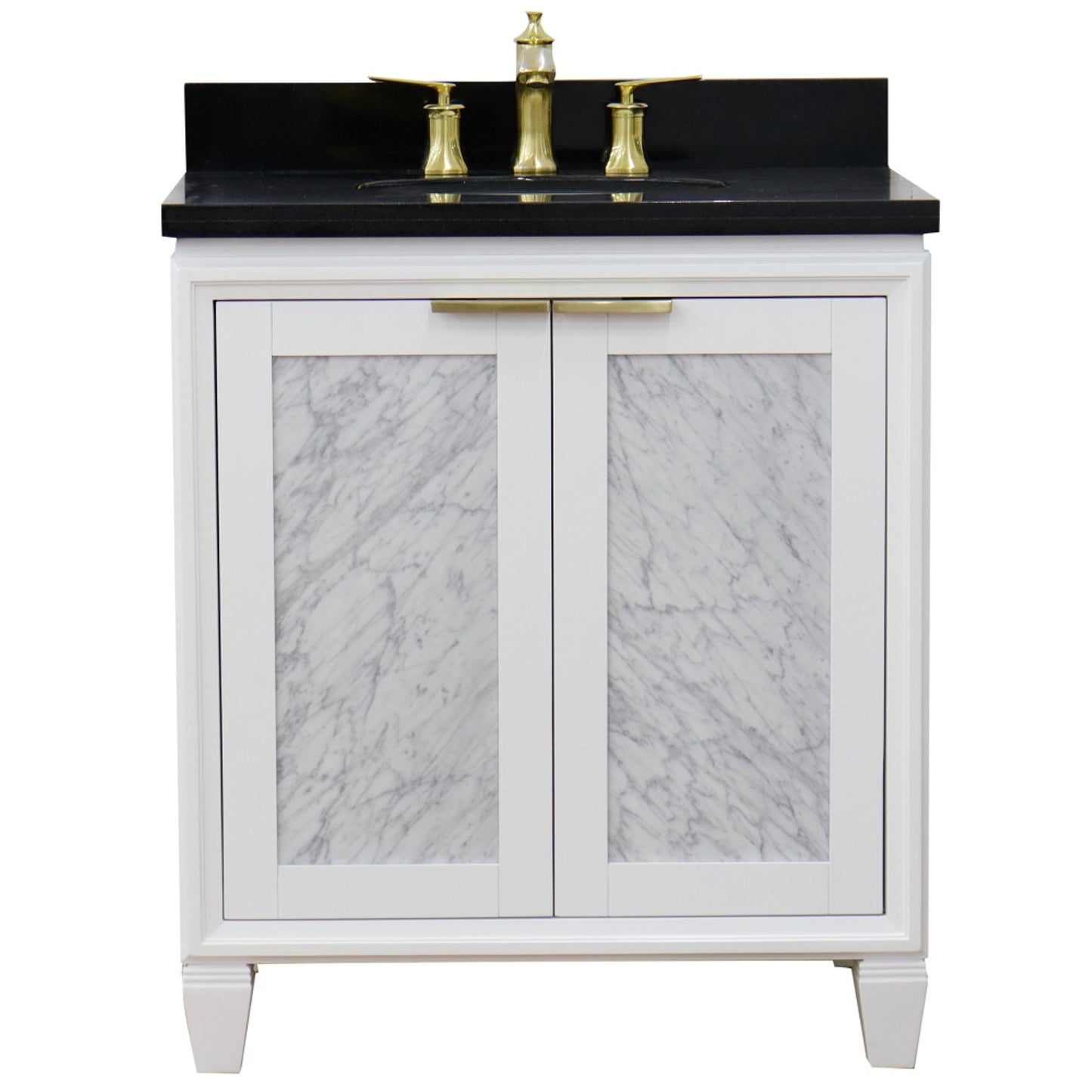 31" Single sink vanity in White finish with Black galaxy granite with oval sink