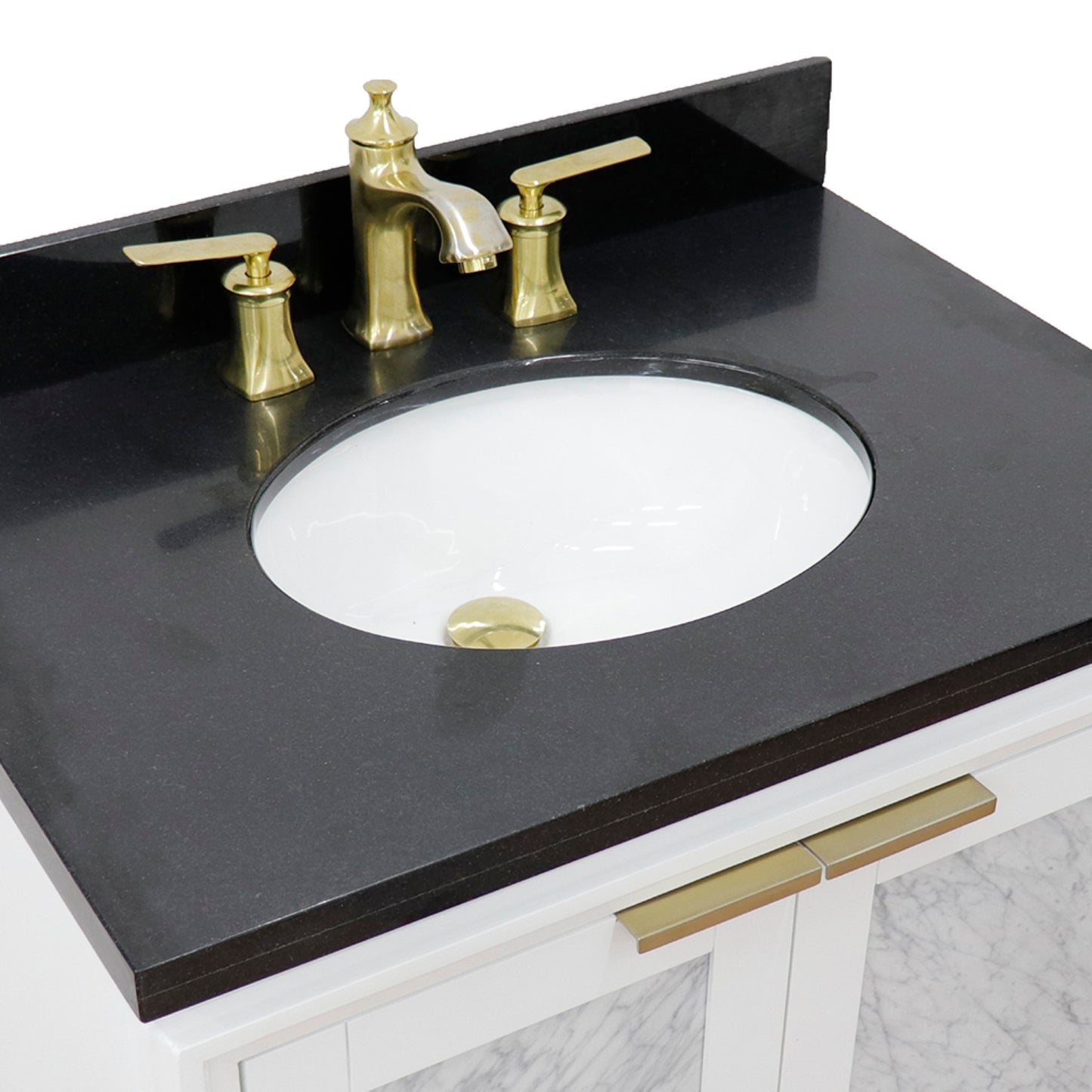 31" Single sink vanity in White finish with Black galaxy granite with oval sink