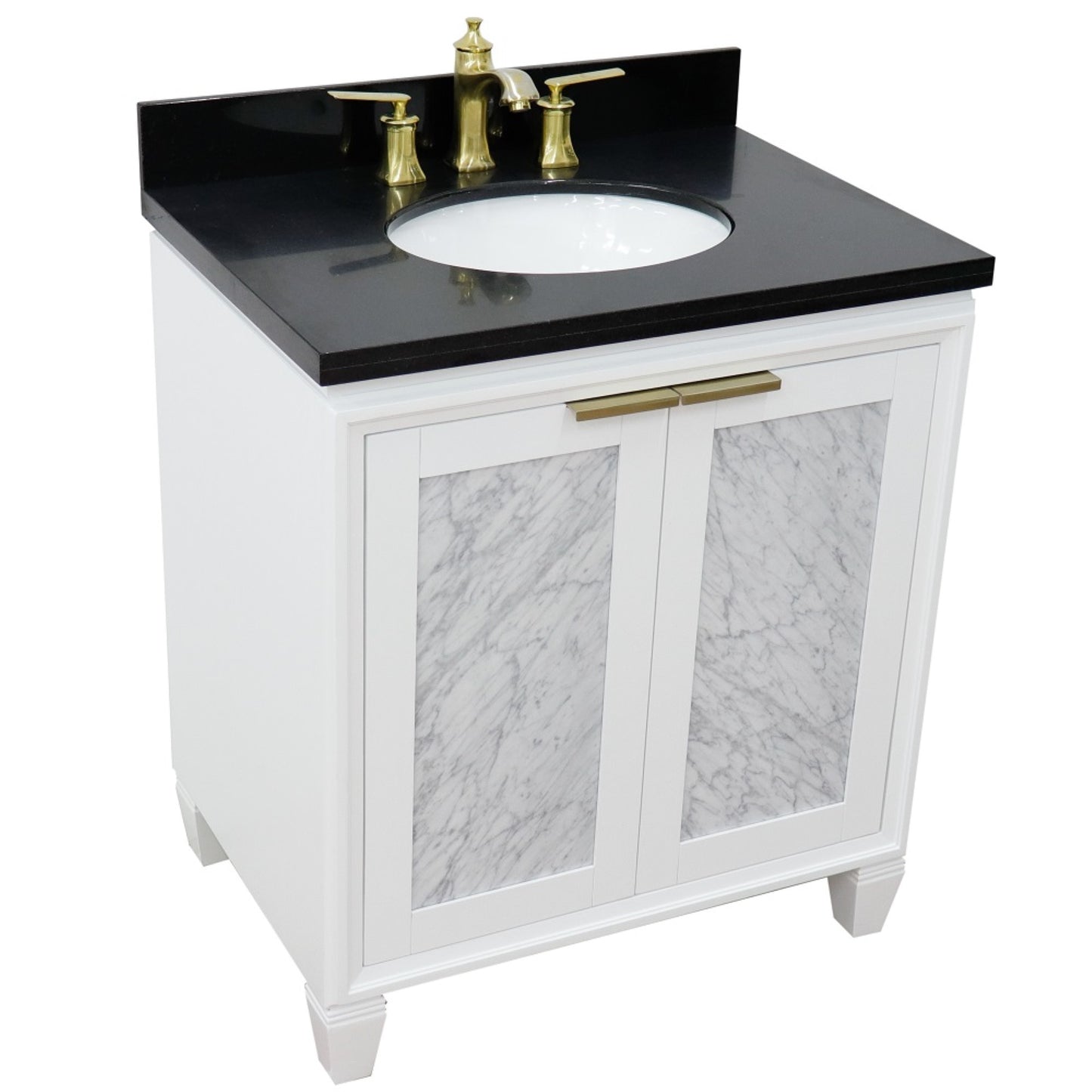 31" Single sink vanity in White finish with Black galaxy granite with oval sink