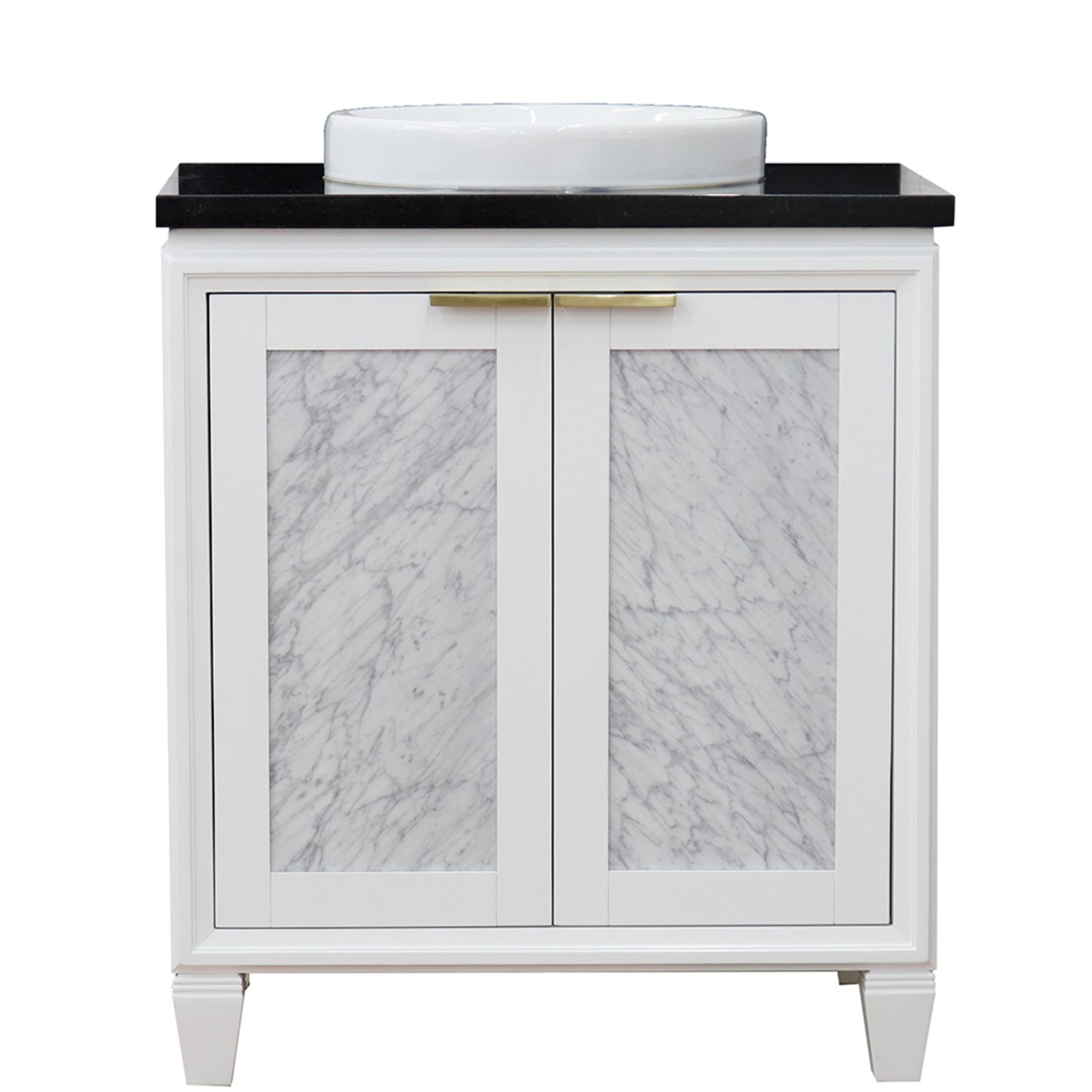 31" Single sink vanity in White finish with Black galaxy granite with round sink