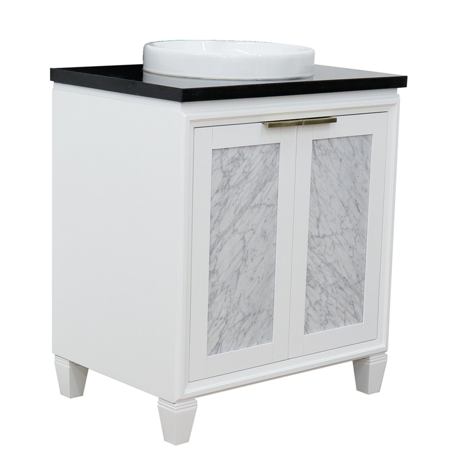 31" Single sink vanity in White finish with Black galaxy granite with round sink