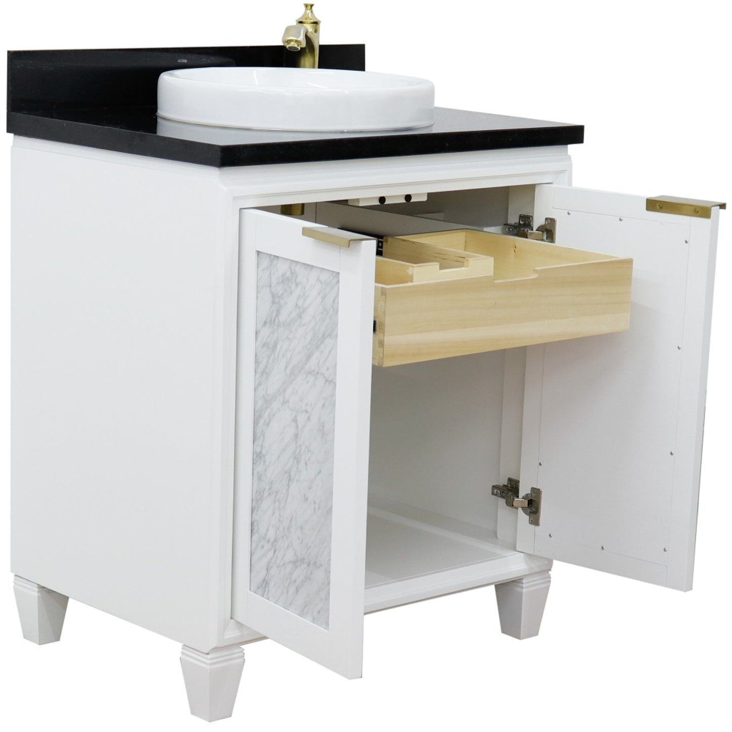 31" Single sink vanity in White finish with Black galaxy granite with round sink
