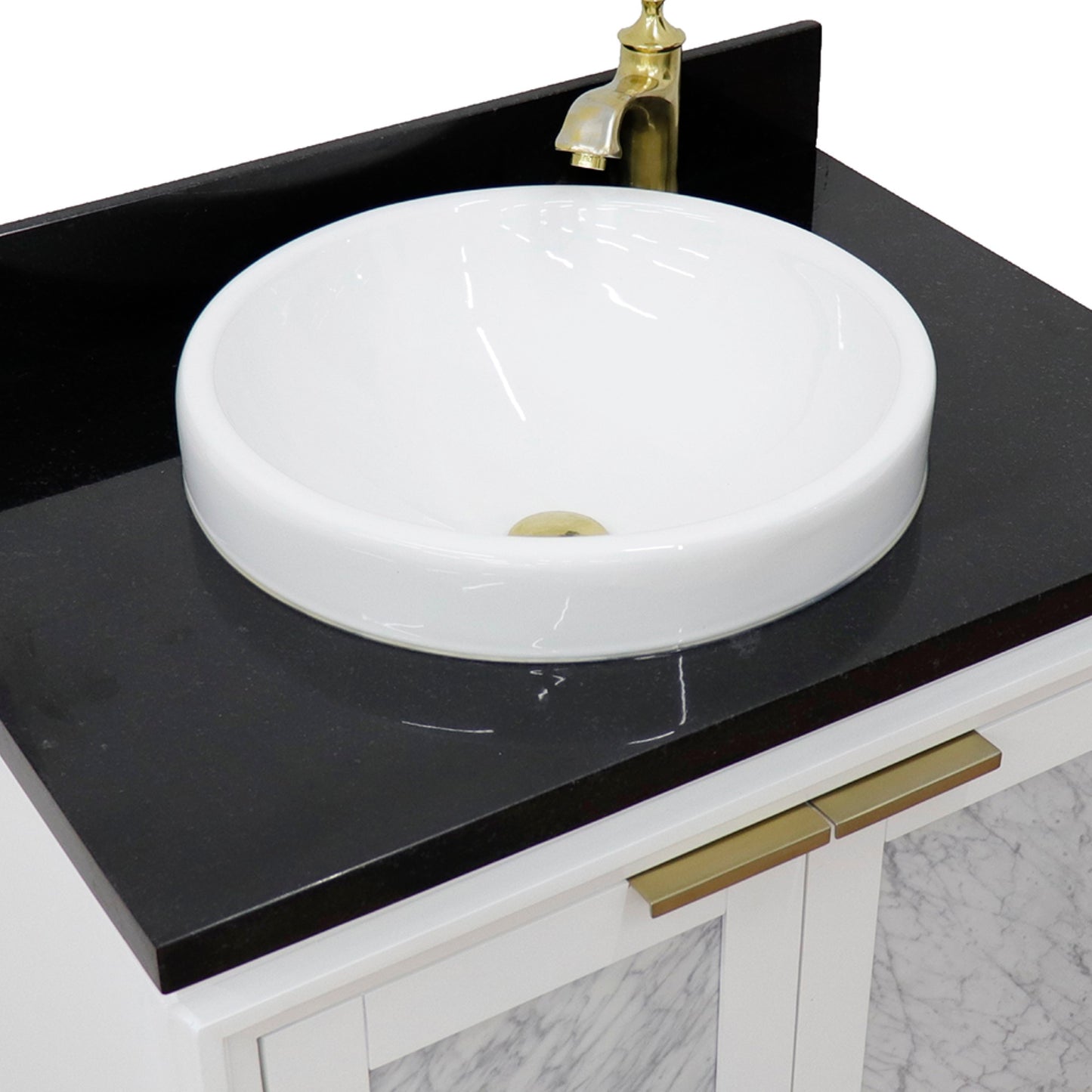 31" Single sink vanity in White finish with Black galaxy granite with round sink