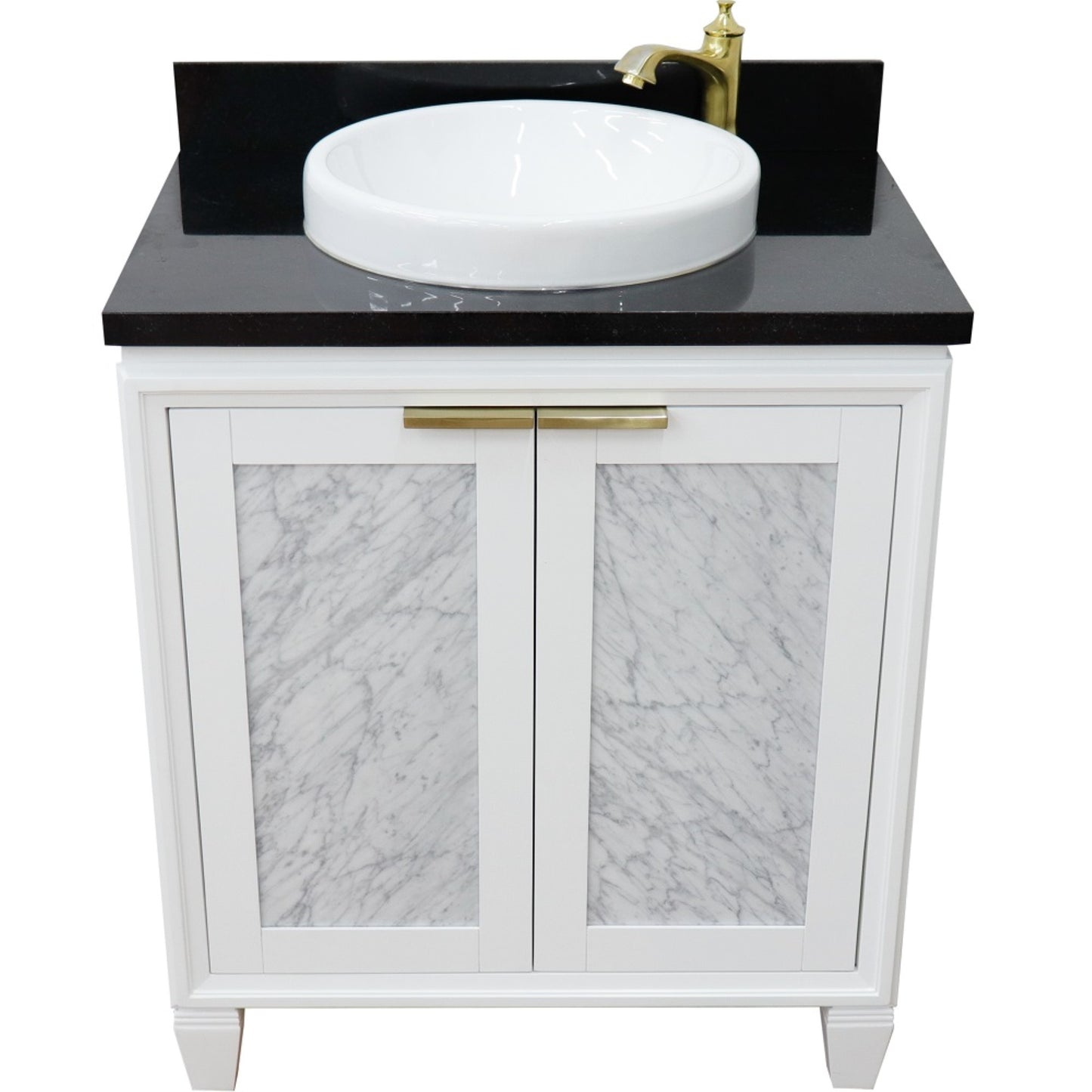 31" Single sink vanity in White finish with Black galaxy granite with round sink