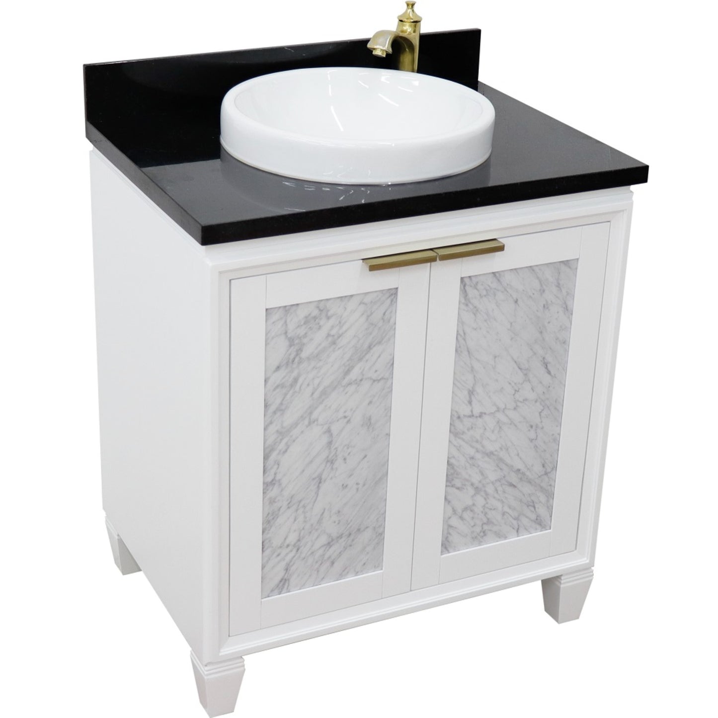 31" Single sink vanity in White finish with Black galaxy granite with round sink