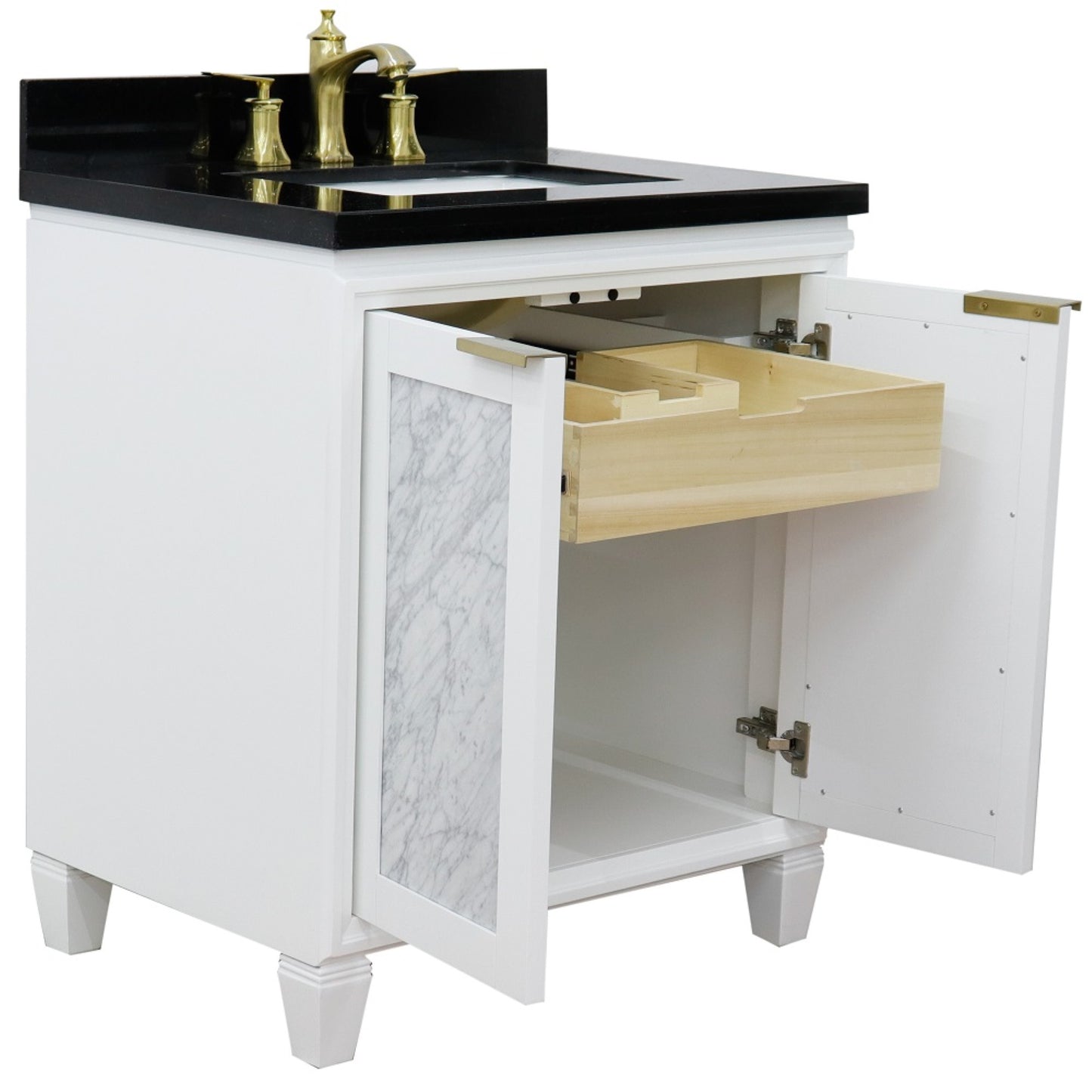 31" Single sink vanity in White finish with Black galaxy granite with rectangle sink