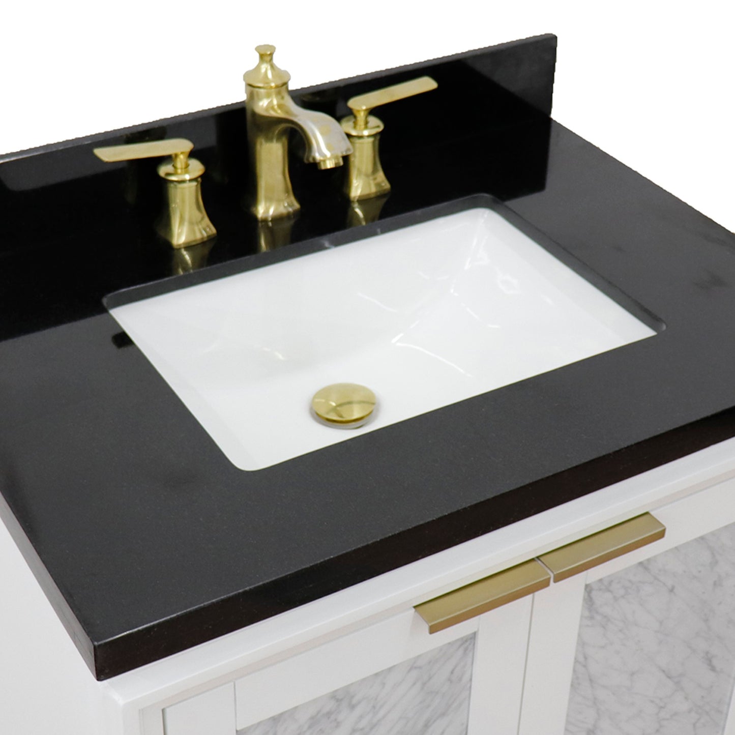 31" Single sink vanity in White finish with Black galaxy granite with rectangle sink