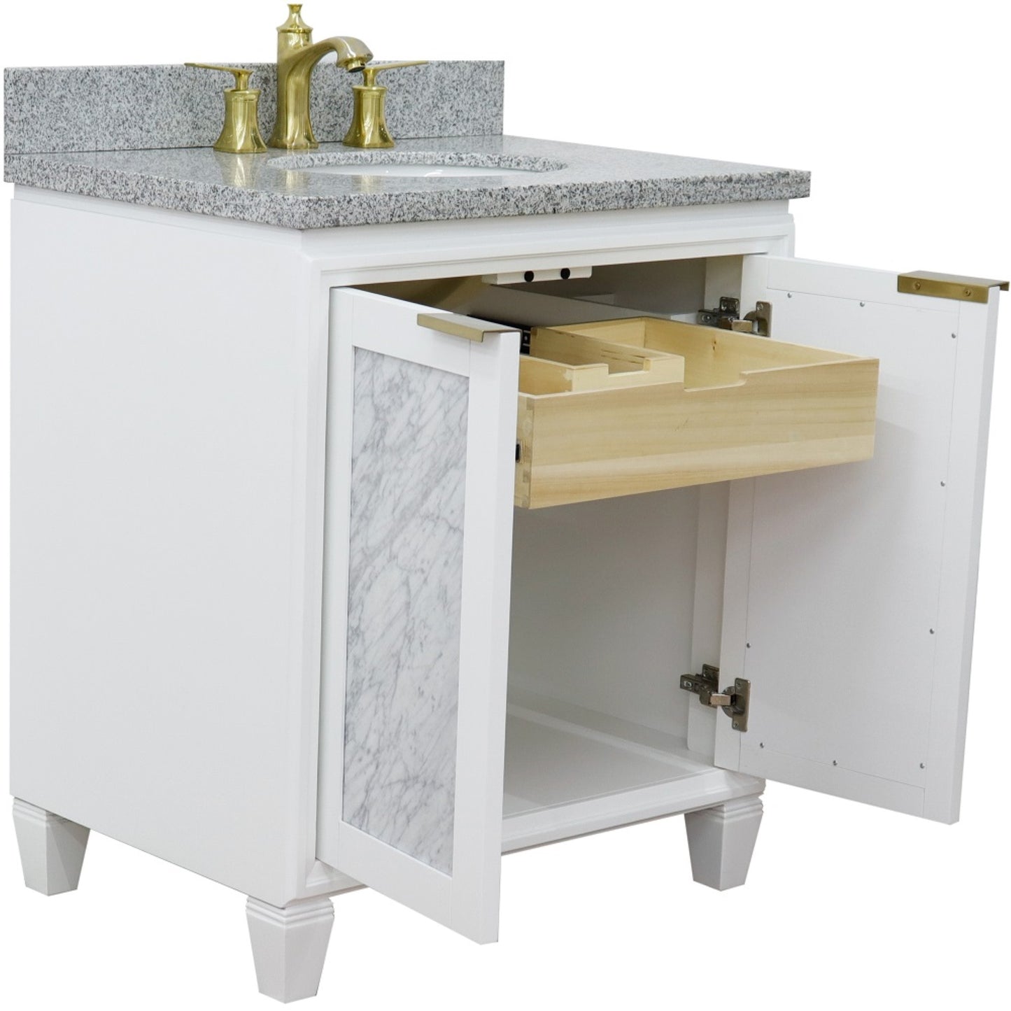 31" Single sink vanity in White finish with Gray granite with oval sink