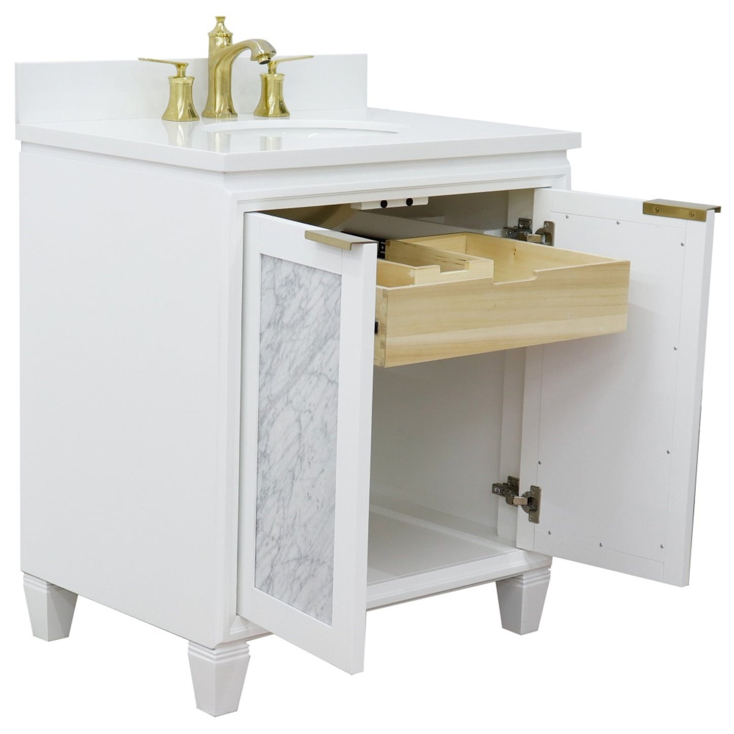 31" Single sink vanity in White finish with White engineered stone with oval sink
