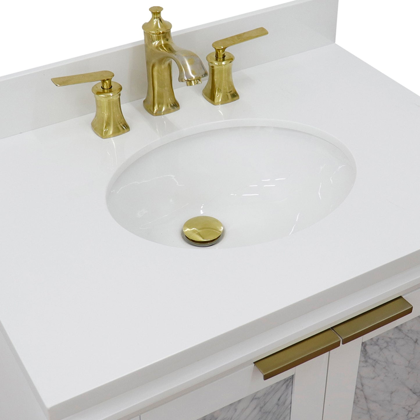 31" Single sink vanity in White finish with White engineered stone with oval sink