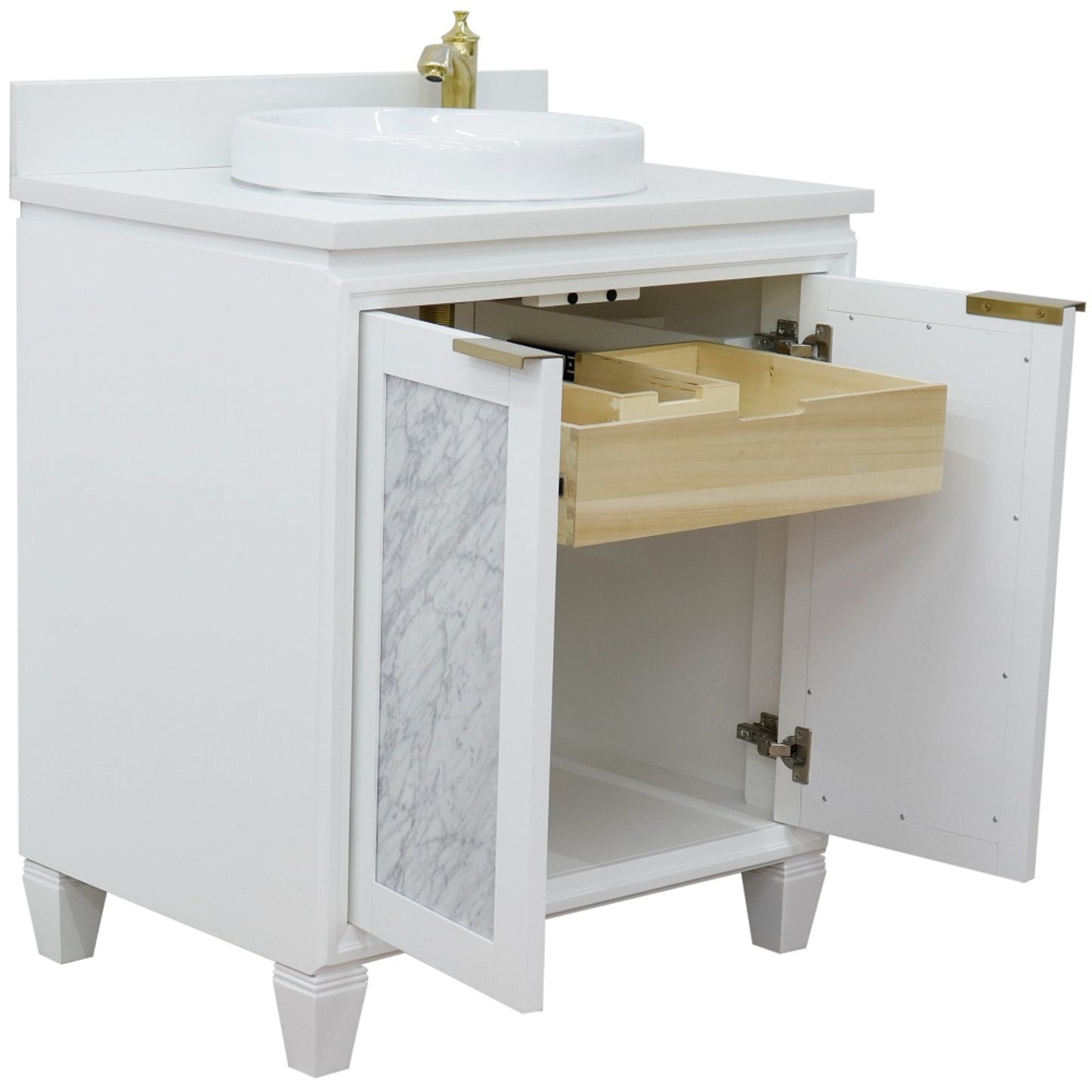 31" Single sink vanity in White finish with White engineered stone with round sink