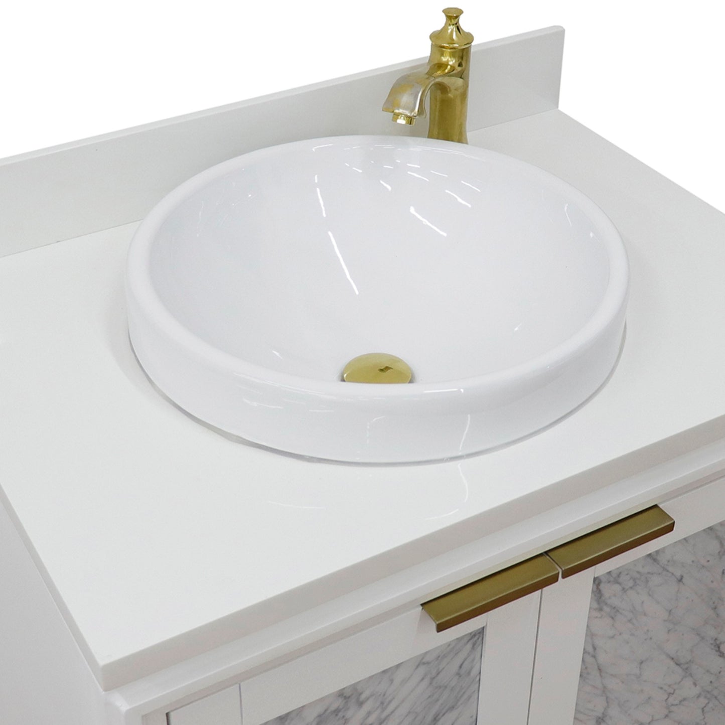 31" Single sink vanity in White finish with White engineered stone with round sink
