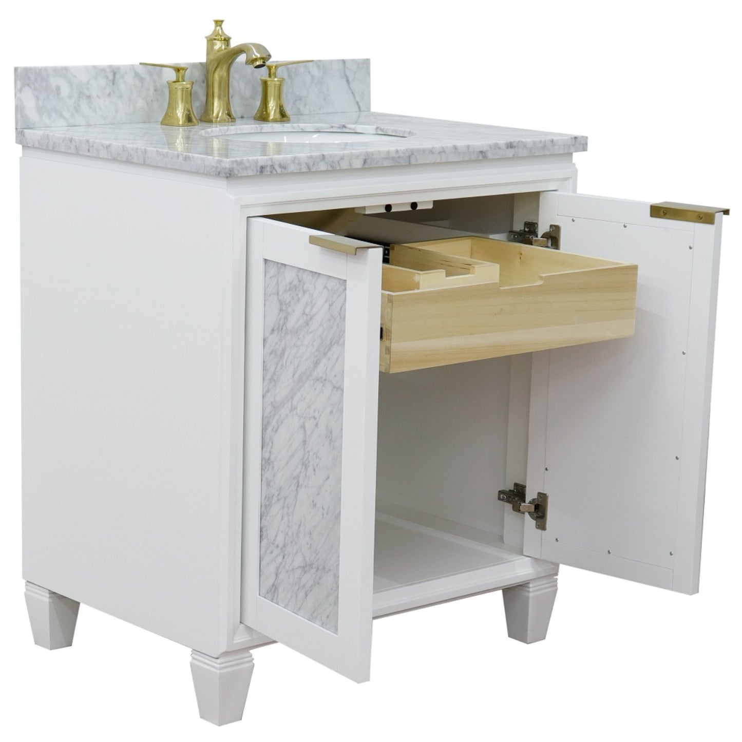 31" Single sink vanity in White finish with White Carrara marble with oval sink