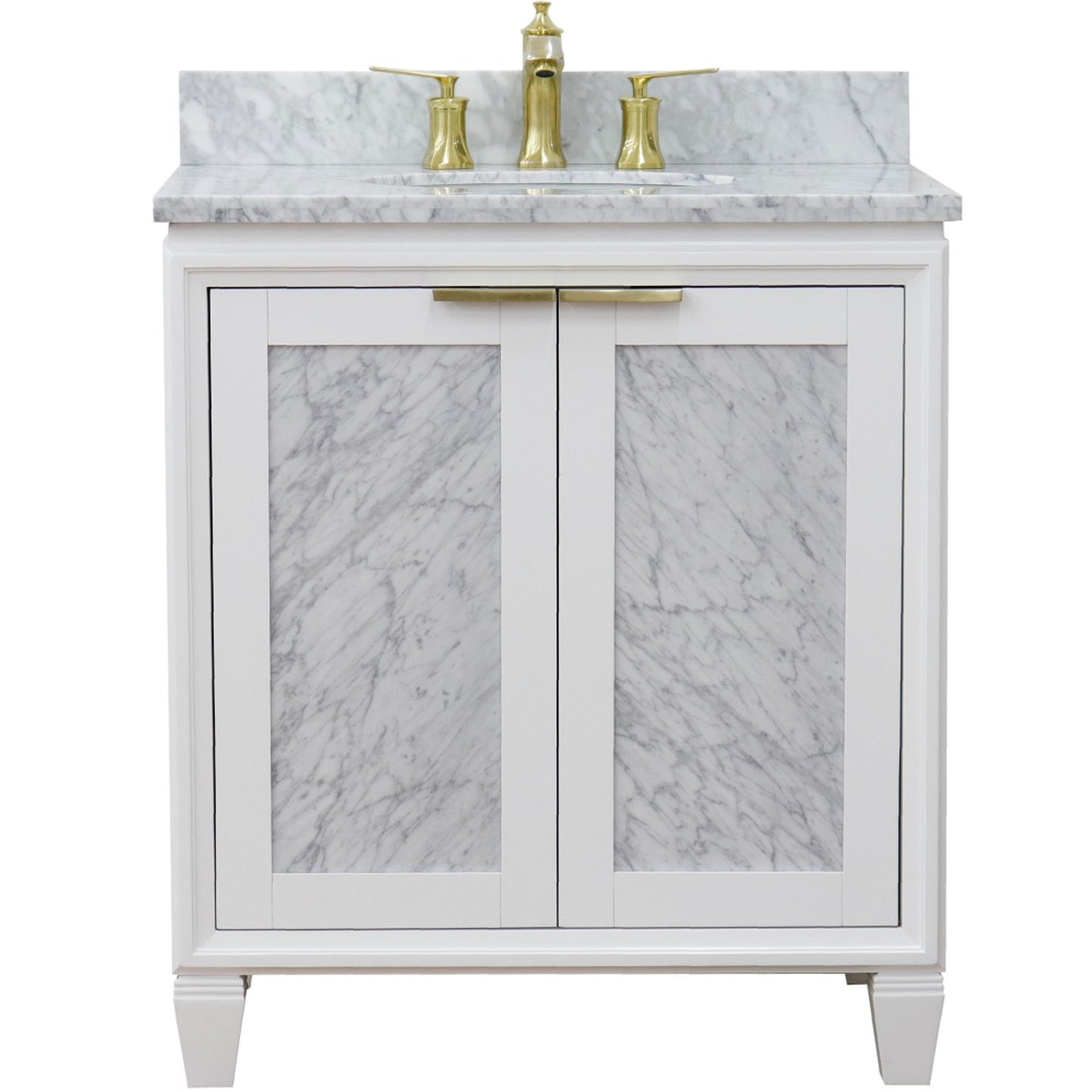 31" Single sink vanity in White finish with White Carrara marble with oval sink
